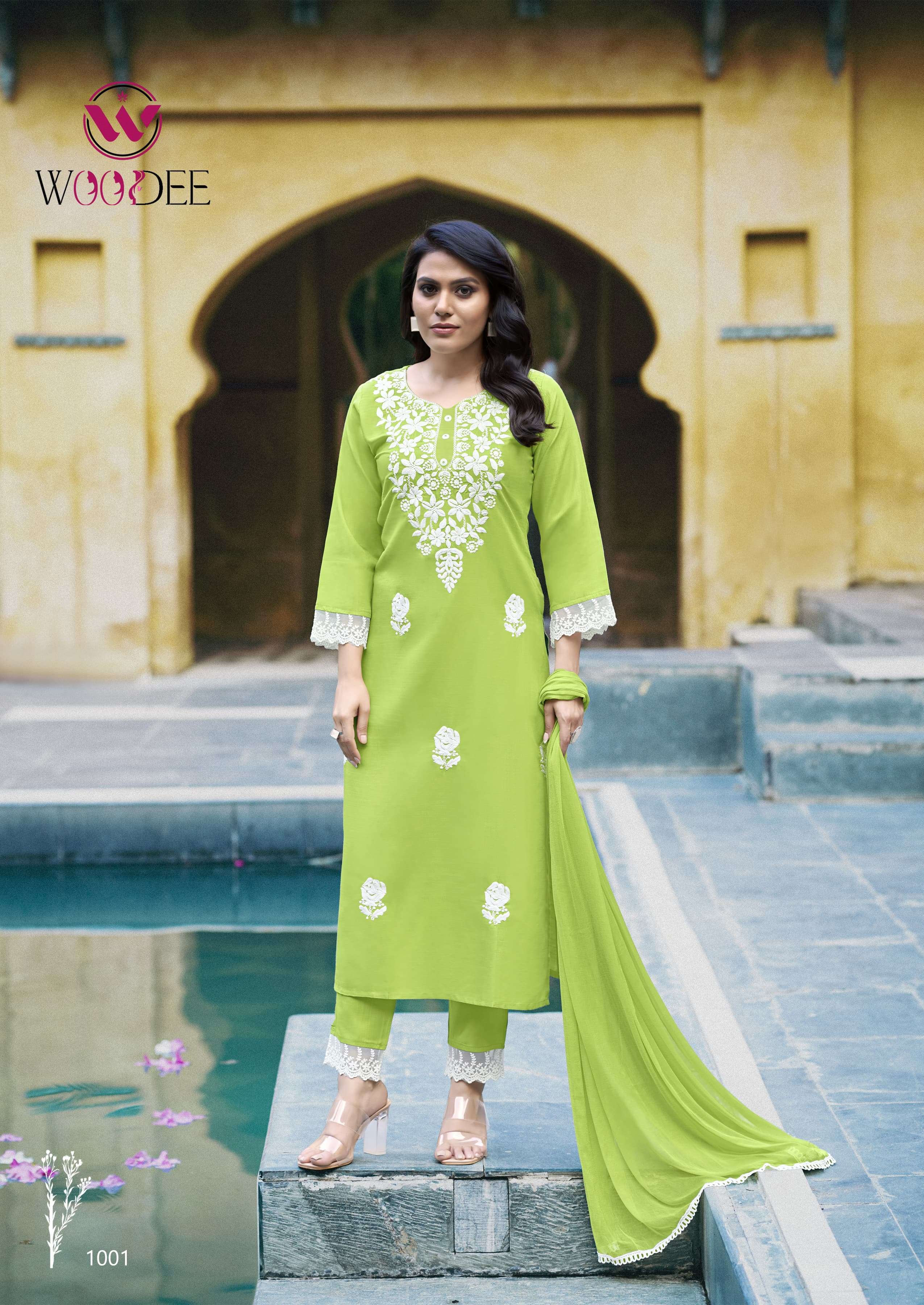 WOODEE WHITE LOTUS RAYON FANCY DESIGNER WORK LADIES KURTI COMBO SET