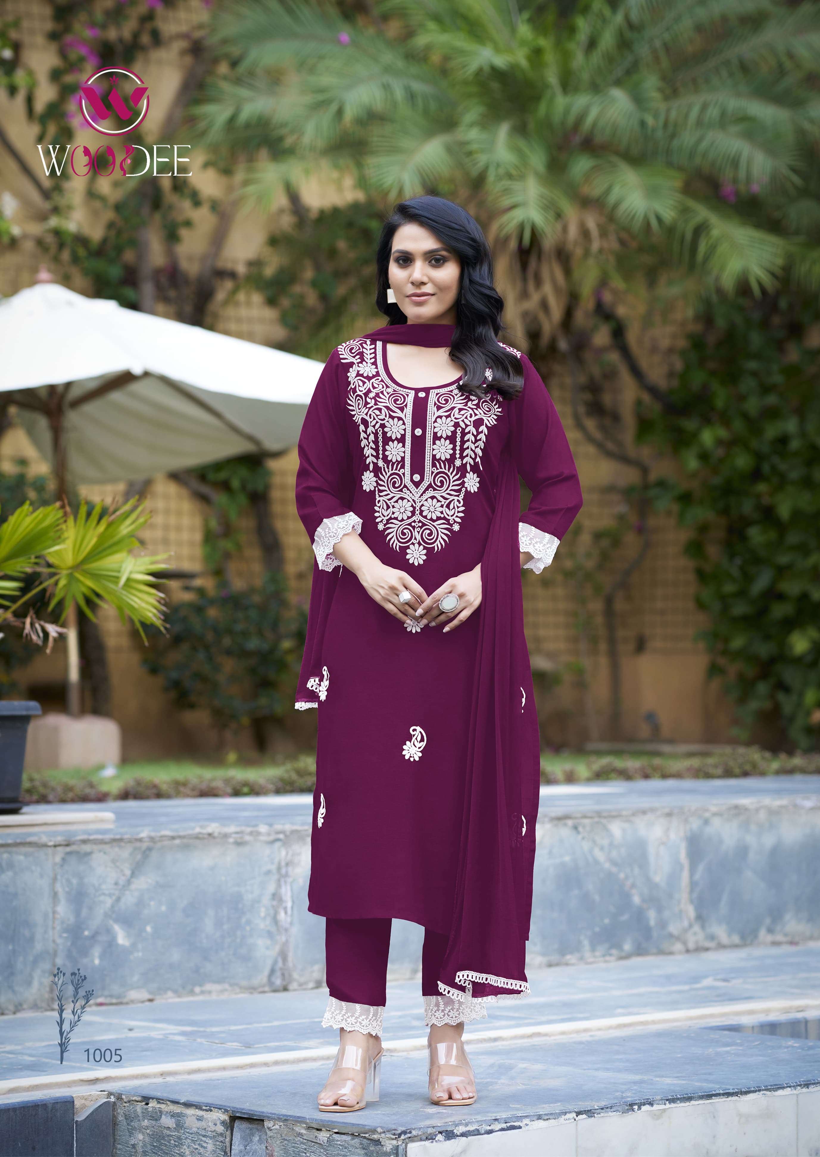 WOODEE WHITE LOTUS RAYON FANCY DESIGNER WORK LADIES KURTI COMBO SET