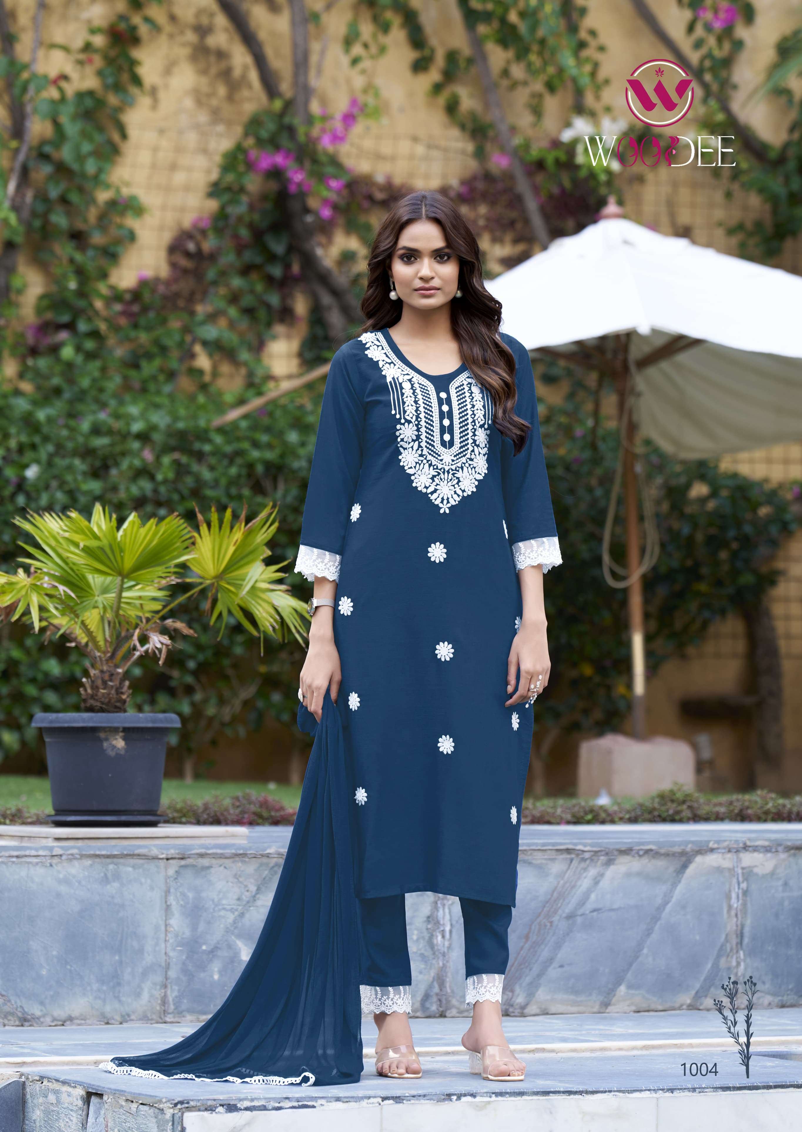 WOODEE WHITE LOTUS RAYON FANCY DESIGNER WORK LADIES KURTI COMBO SET