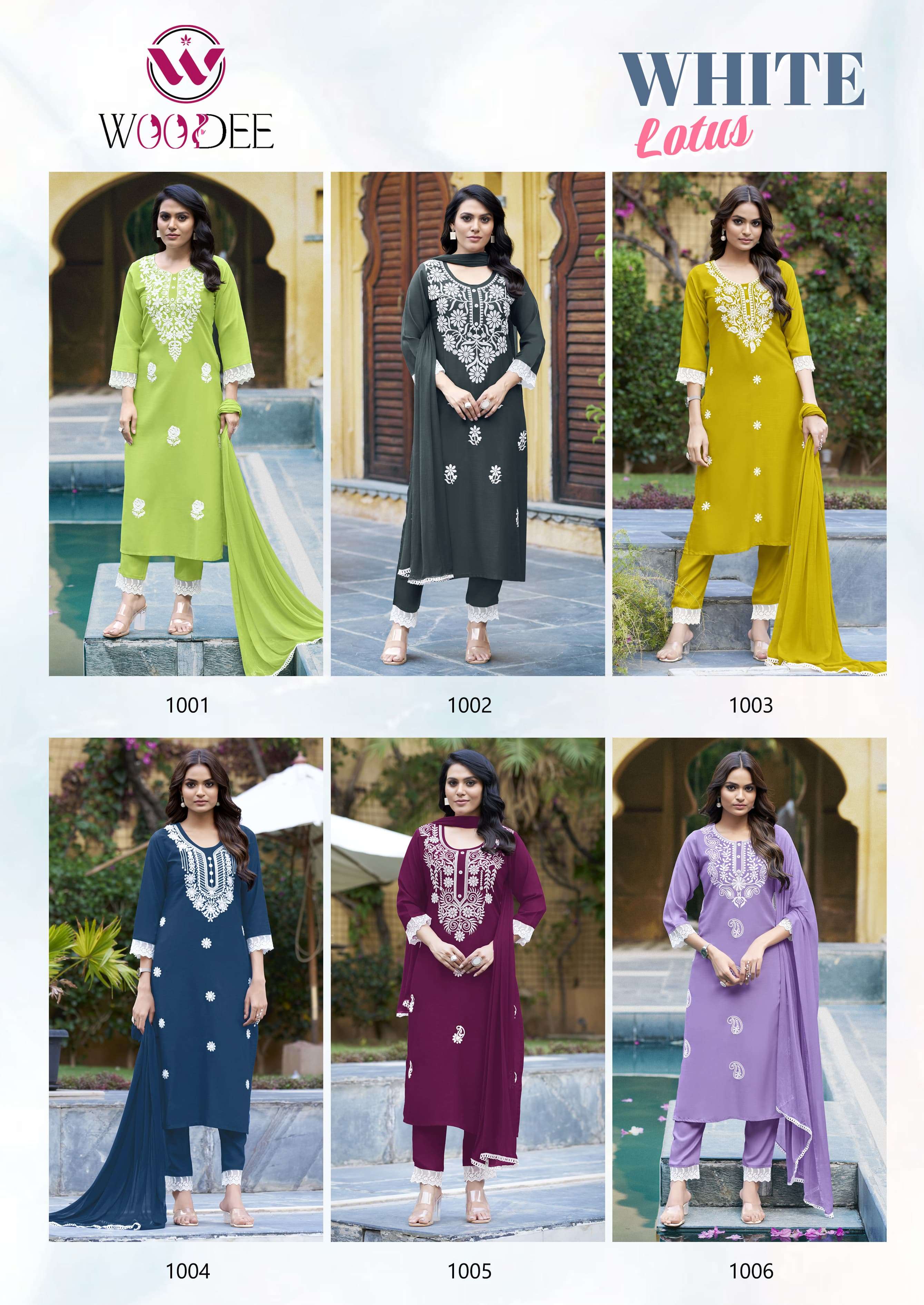 WOODEE WHITE LOTUS RAYON FANCY DESIGNER WORK LADIES KURTI COMBO SET