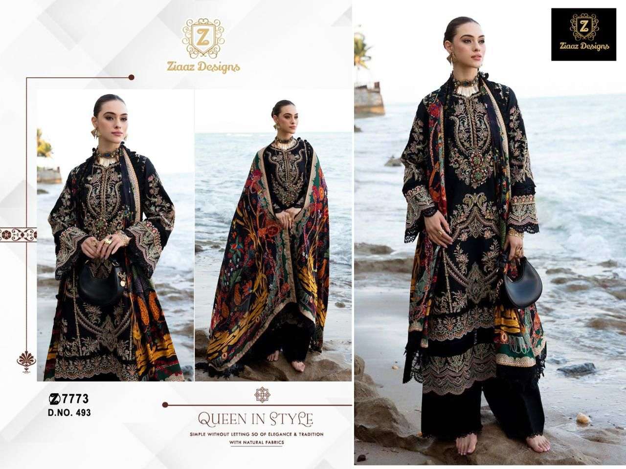 ZIAAZ DESIGNS CODE NO - 493 RAYON COTTON HEAVY EMBROIDERED PAKISTANI SALWAR SUIT 