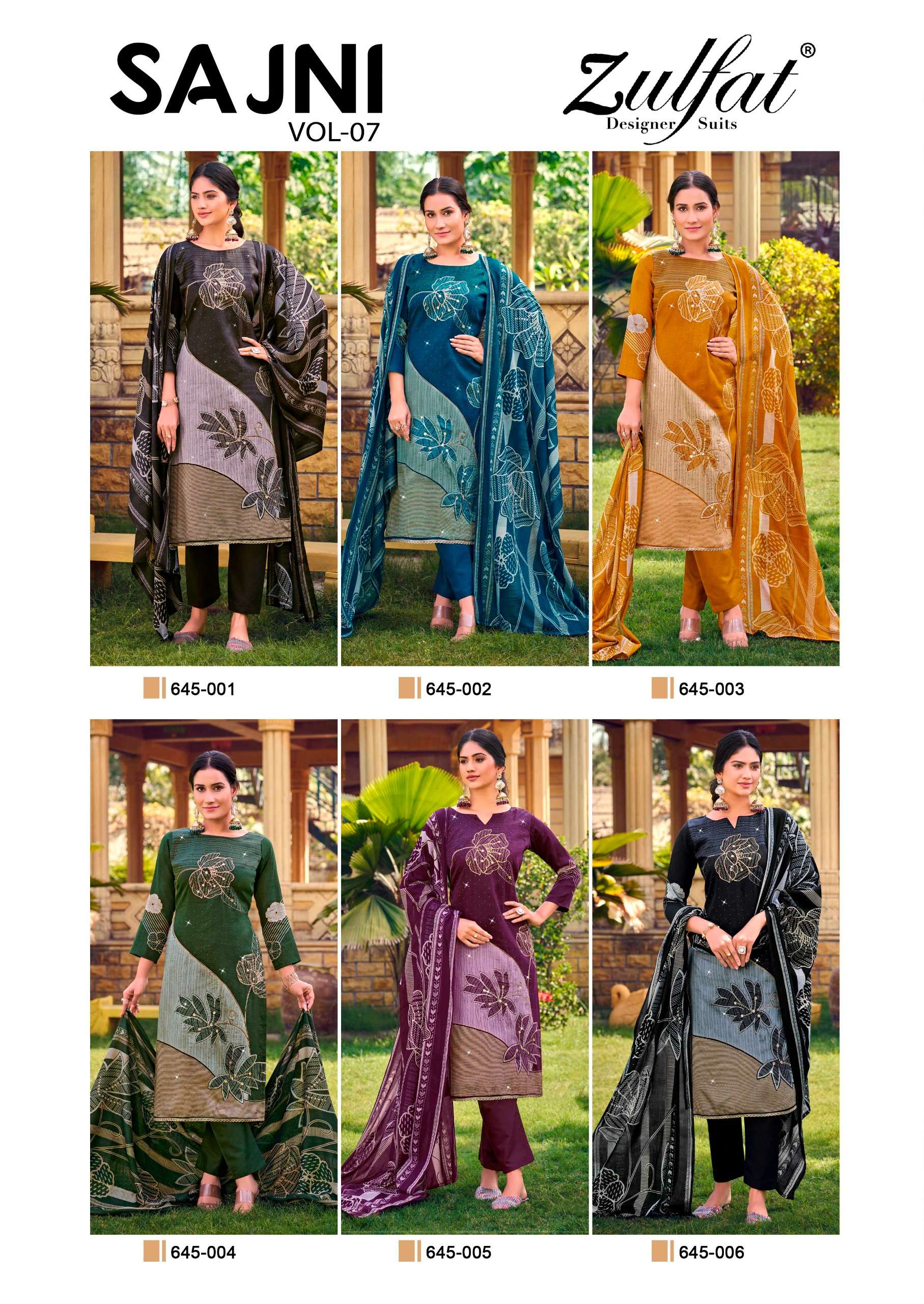 ZULFAT DESIGNER SUITS SAJNI VOL 7 JAM COTTON PRINT WITH WORK SUIT