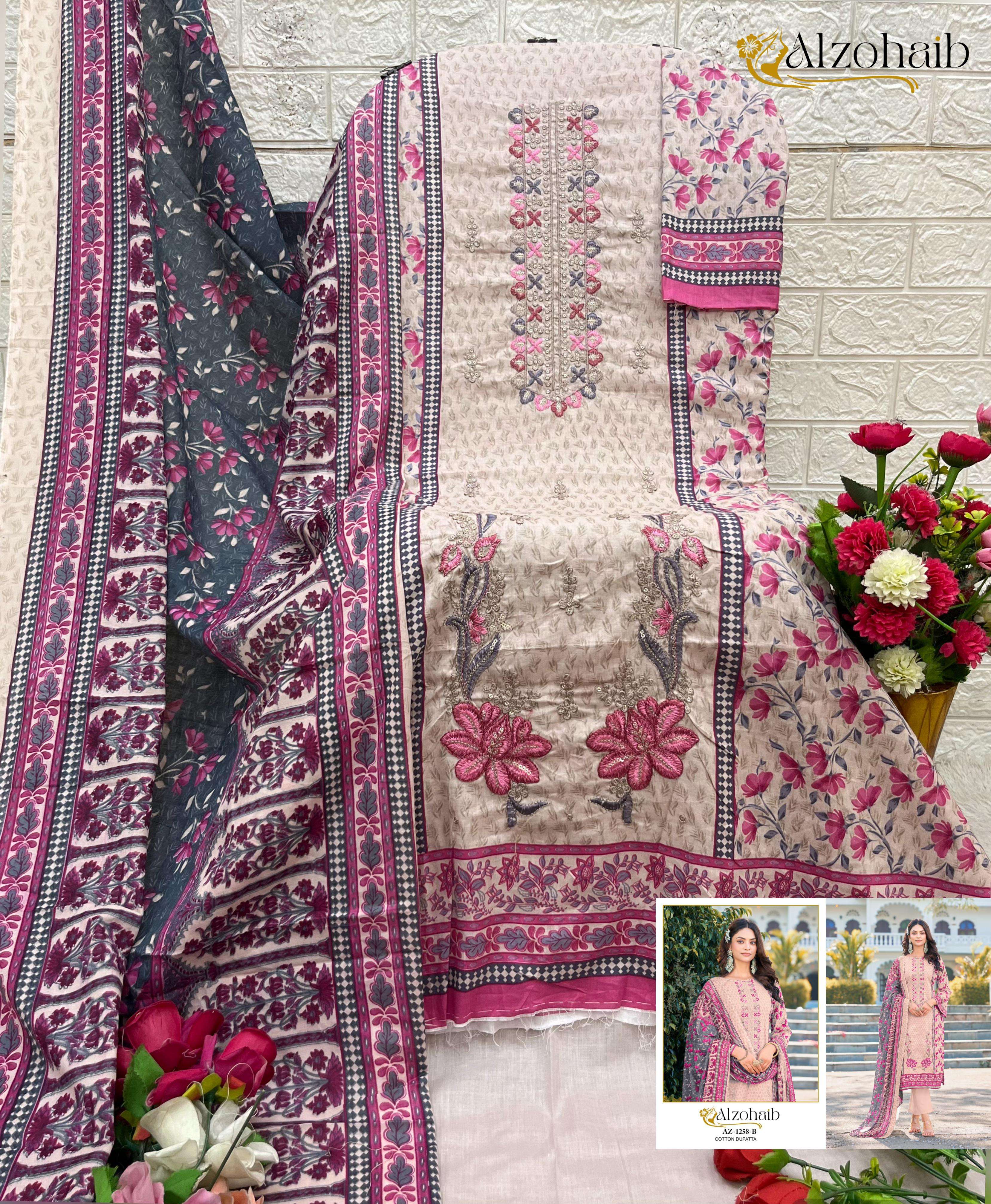 AL ZOHAIB D NO 1258 COTTON PRINT WITH EMBROIDERY WORKS PAKISTANI SUIT