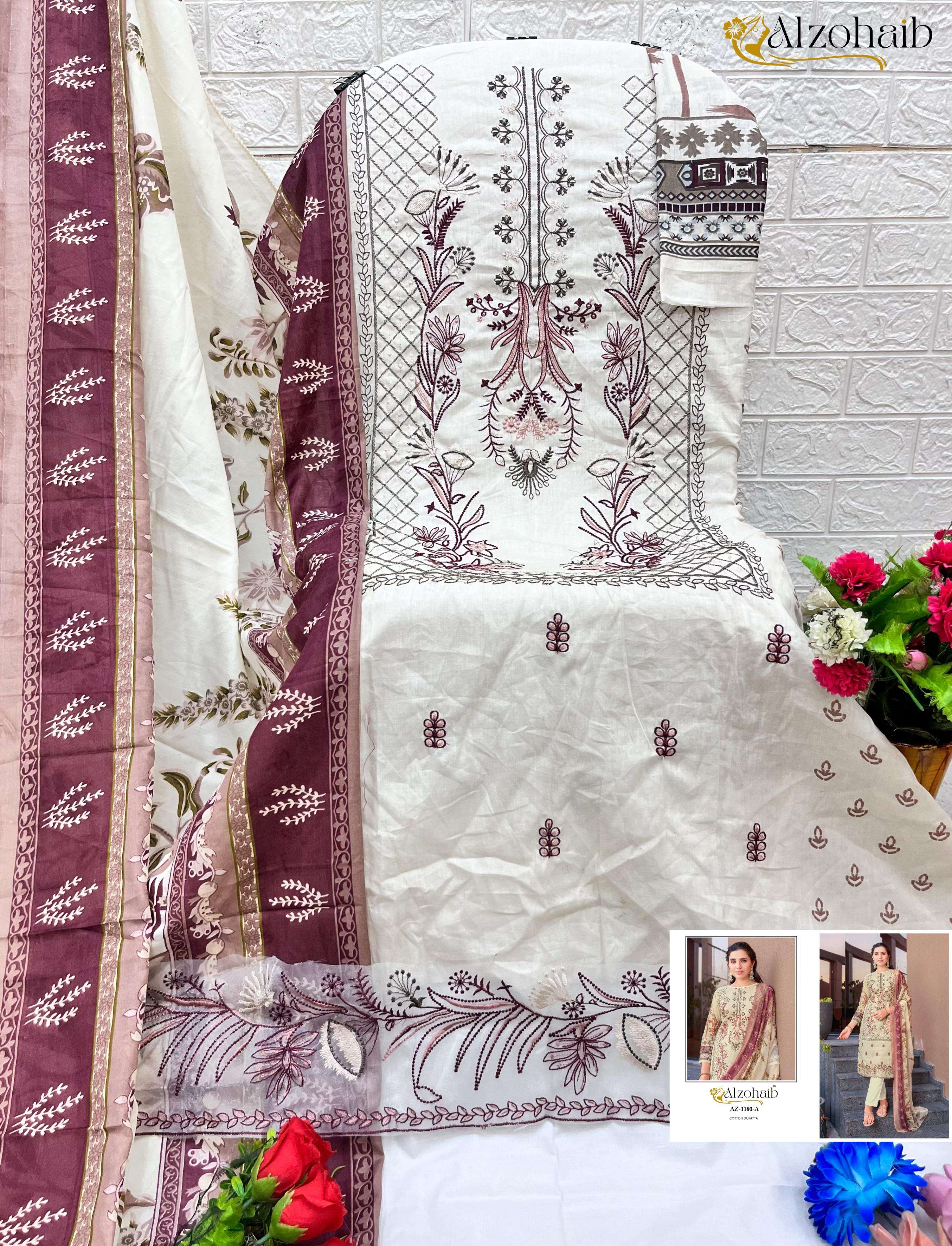 AL ZOHAIB DESIGN NO - 1180A-B COTTON PRINT HEAVY EMBROIDERED PATCH PAKISTANI SUIT 