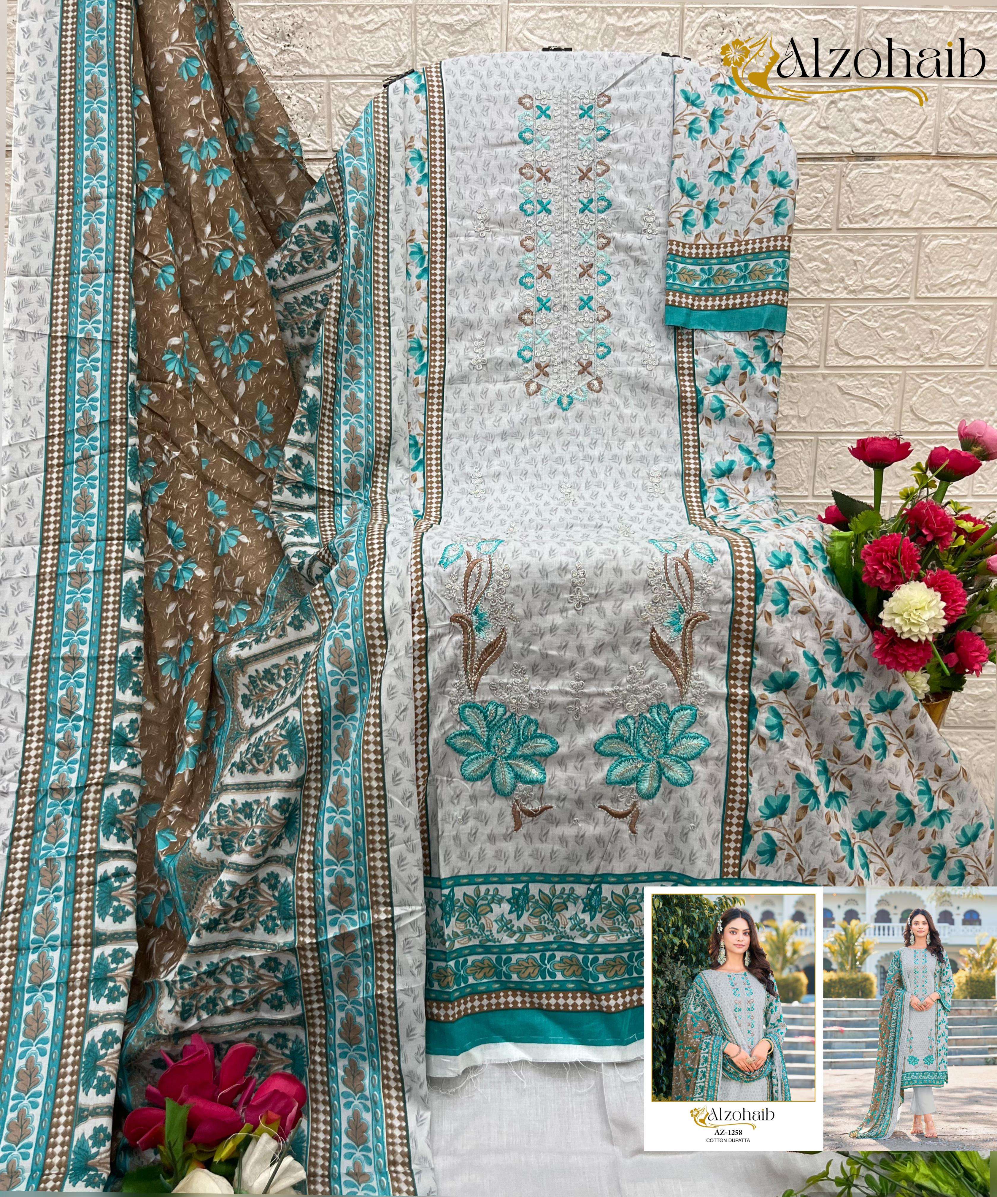 AL ZOHAIB DESIGN NO - 1258AB - 1259 - 1260 PURE COTTON PRINT HEAVY SELF EMBROIDERED PAKISTANI SALWAR SUIT 