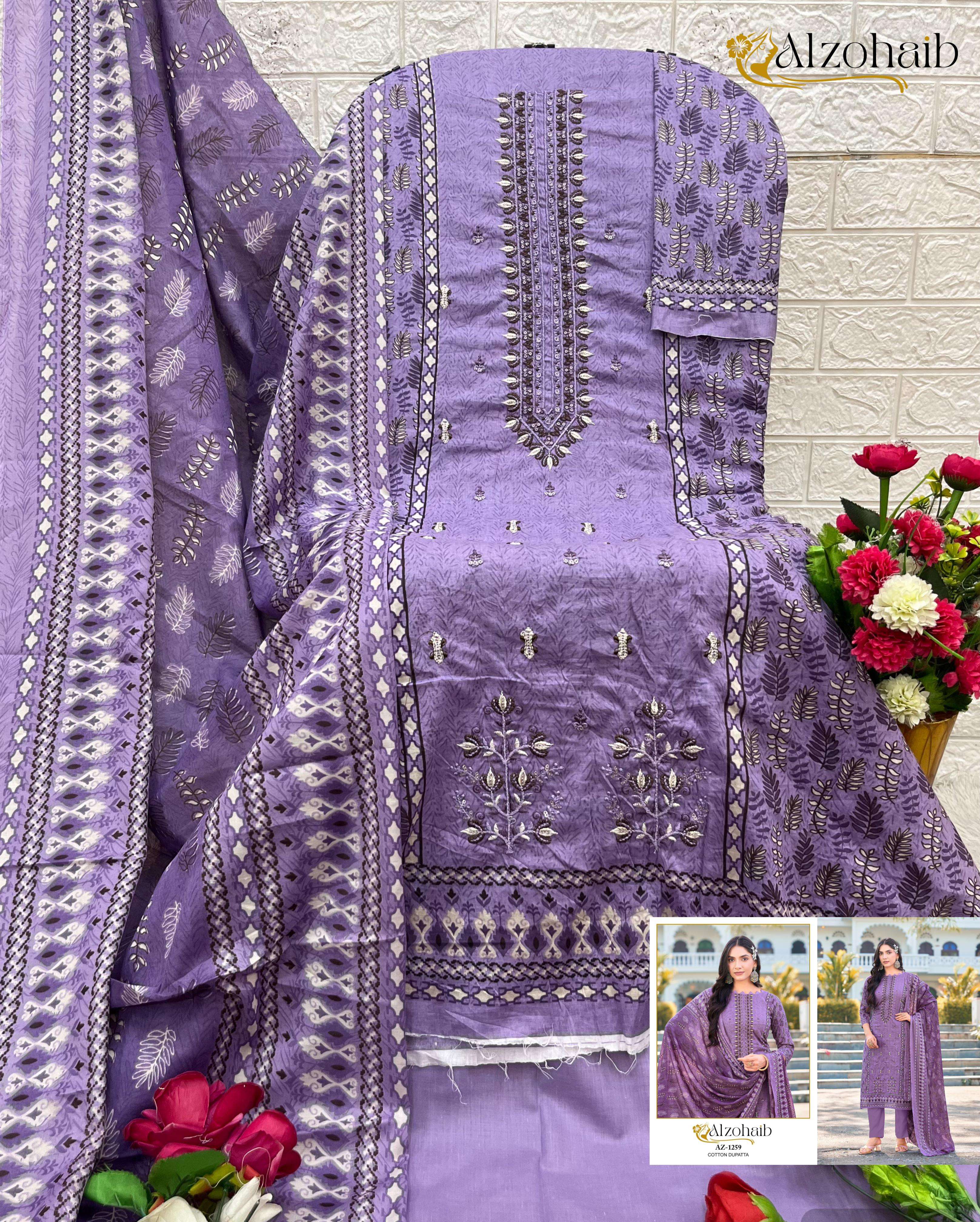 AL ZOHAIB DESIGN NO - 1258AB - 1259 - 1260 PURE COTTON PRINT HEAVY SELF EMBROIDERED PAKISTANI SALWAR SUIT 