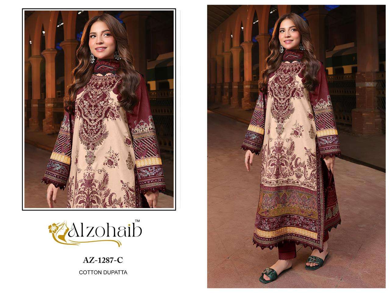 AL ZOHAIB DESIGN NO - 1287 ABC PURE COTTON PRINT HEAVY EMBROIDERED PATCH PAKISTANI SALWAR SUIT