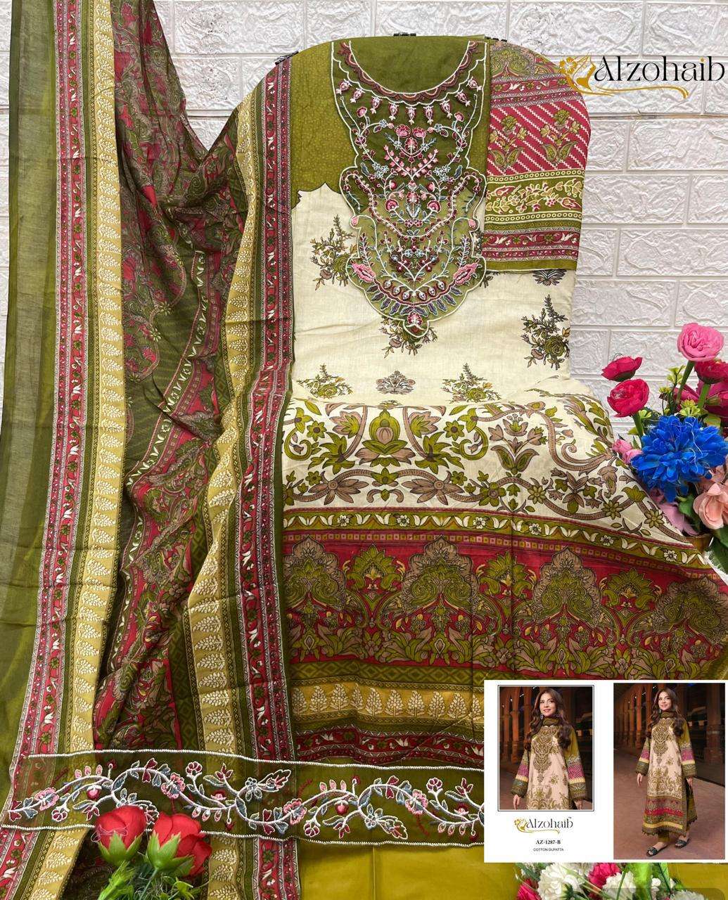 AL ZOHAIB DESIGN NO - 1287 ABC PURE COTTON PRINT HEAVY EMBROIDERED PATCH PAKISTANI SALWAR SUIT