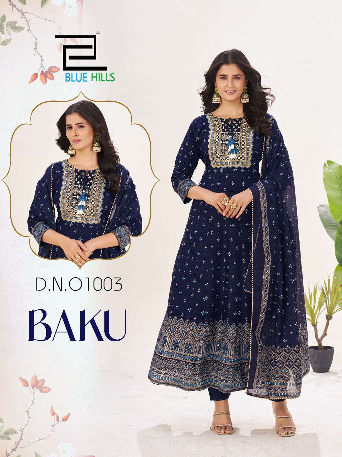 BLUE HILLS BAKU RAYON FOIL PRINT FANCY ANARKALI KURTI WITH BOTTOM AND DUPATTA SET 