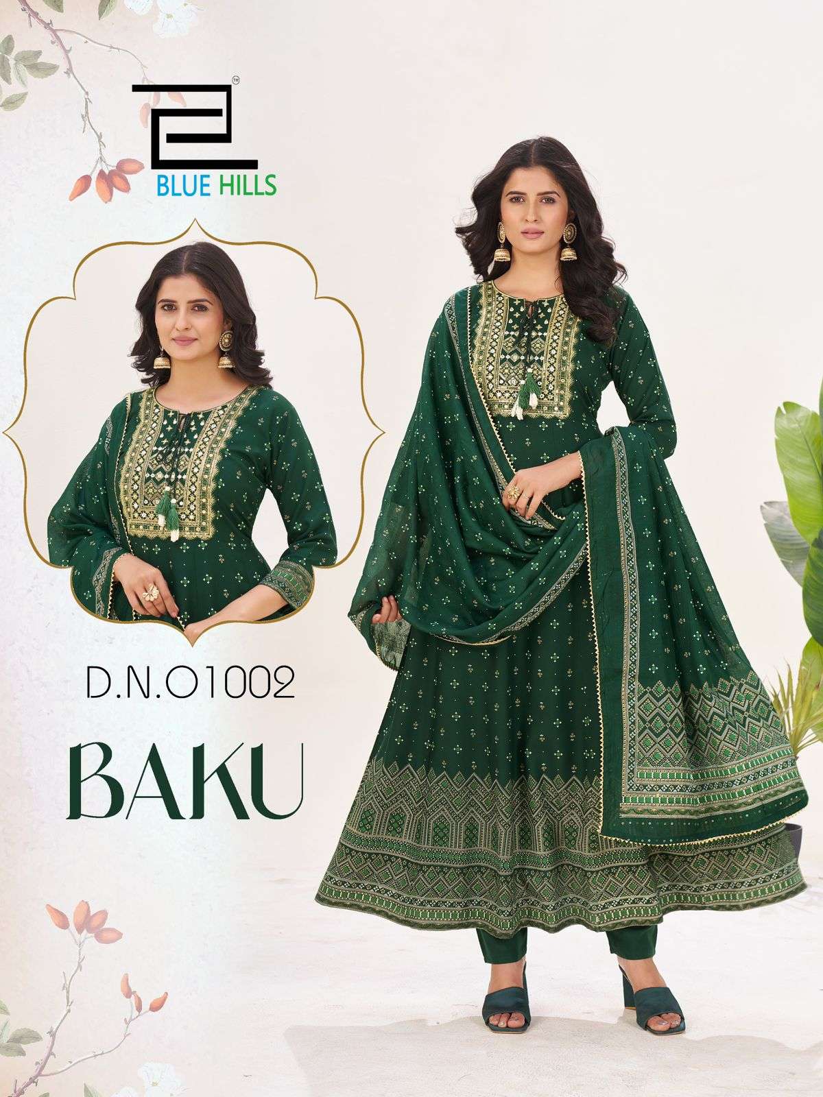 BLUE HILLS BAKU RAYON FOIL PRINT FANCY ANARKALI KURTI WITH BOTTOM AND DUPATTA SET 
