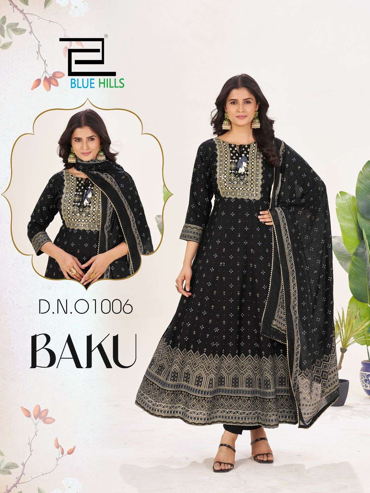 BLUE HILLS BAKU RAYON FOIL PRINT FANCY ANARKALI KURTI WITH BOTTOM AND DUPATTA SET 