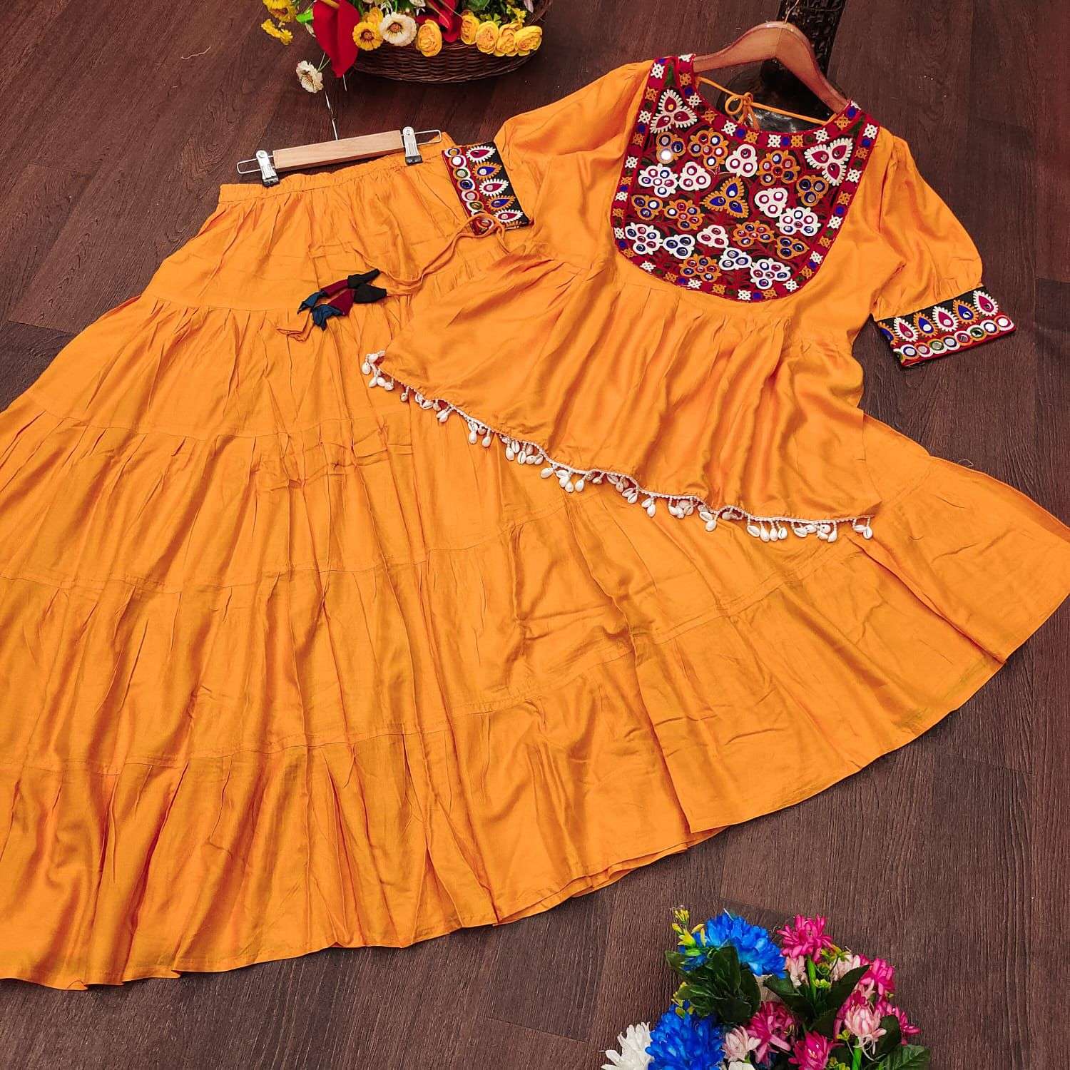 BLUE HILLS JHAMKUDI RAYONFANCY MIRROR WOR TOP WITH SKIRT SET