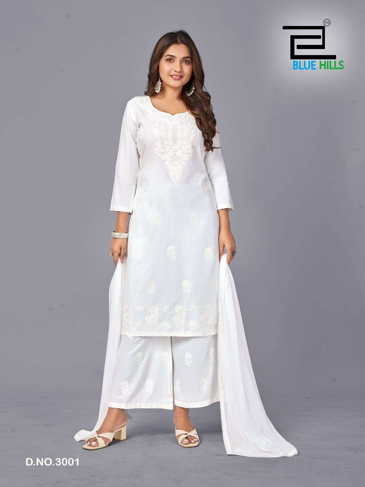 BLUE HILLS SNOW WHITE	VOL 3 RAYON FANCY LUCKNOWI WORKS STYLE LADIES SUIT 