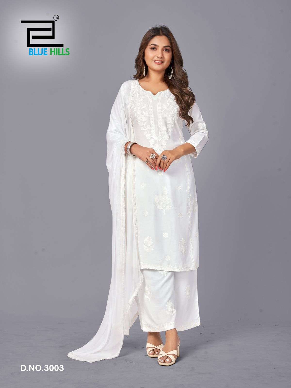 BLUE HILLS SNOW WHITE	VOL 3 RAYON FANCY LUCKNOWI WORKS STYLE LADIES SUIT 