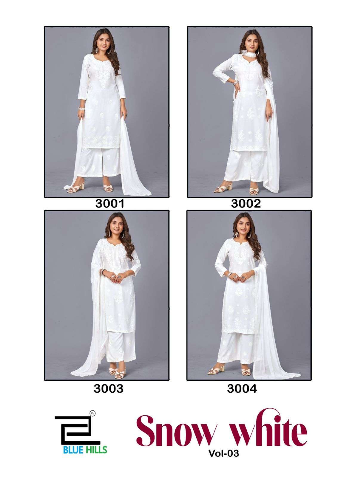BLUE HILLS SNOW WHITE	VOL 3 RAYON FANCY LUCKNOWI WORKS STYLE LADIES SUIT 