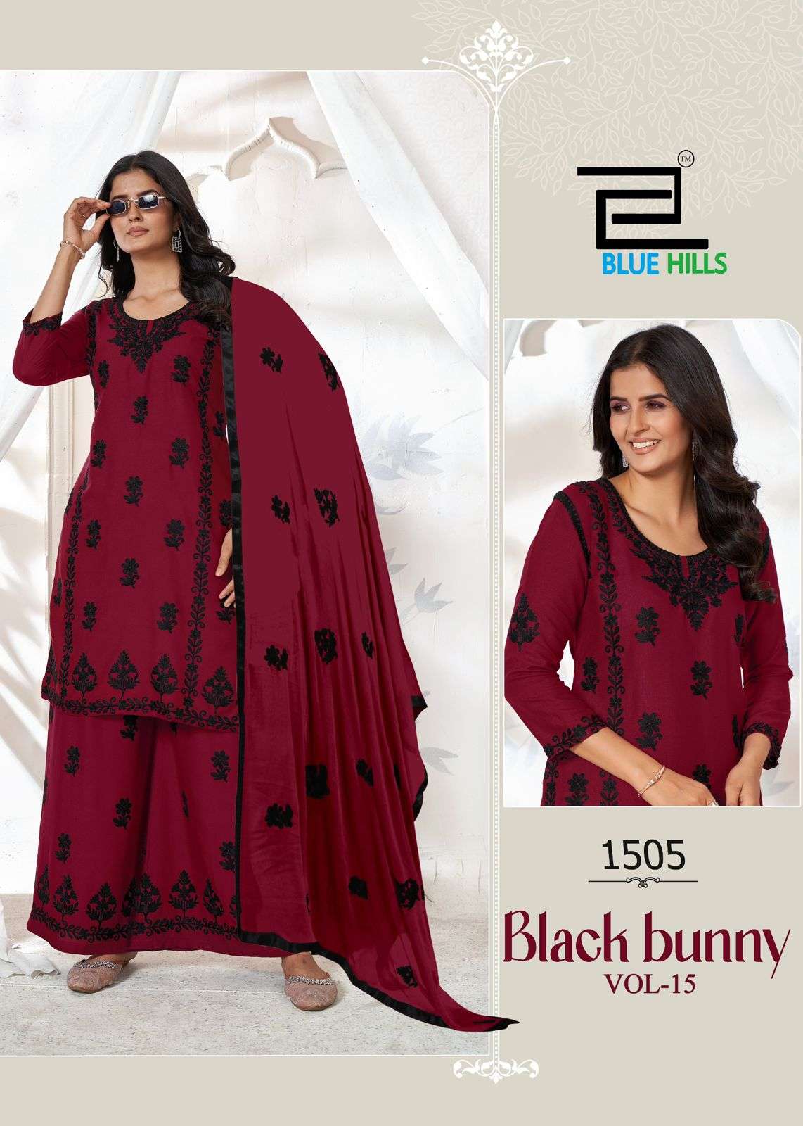 BLUE HILS BLACK BUNNY VOL 15 RAYON LUCKNOWI WORKS STYLE KURTI COMBO SET
