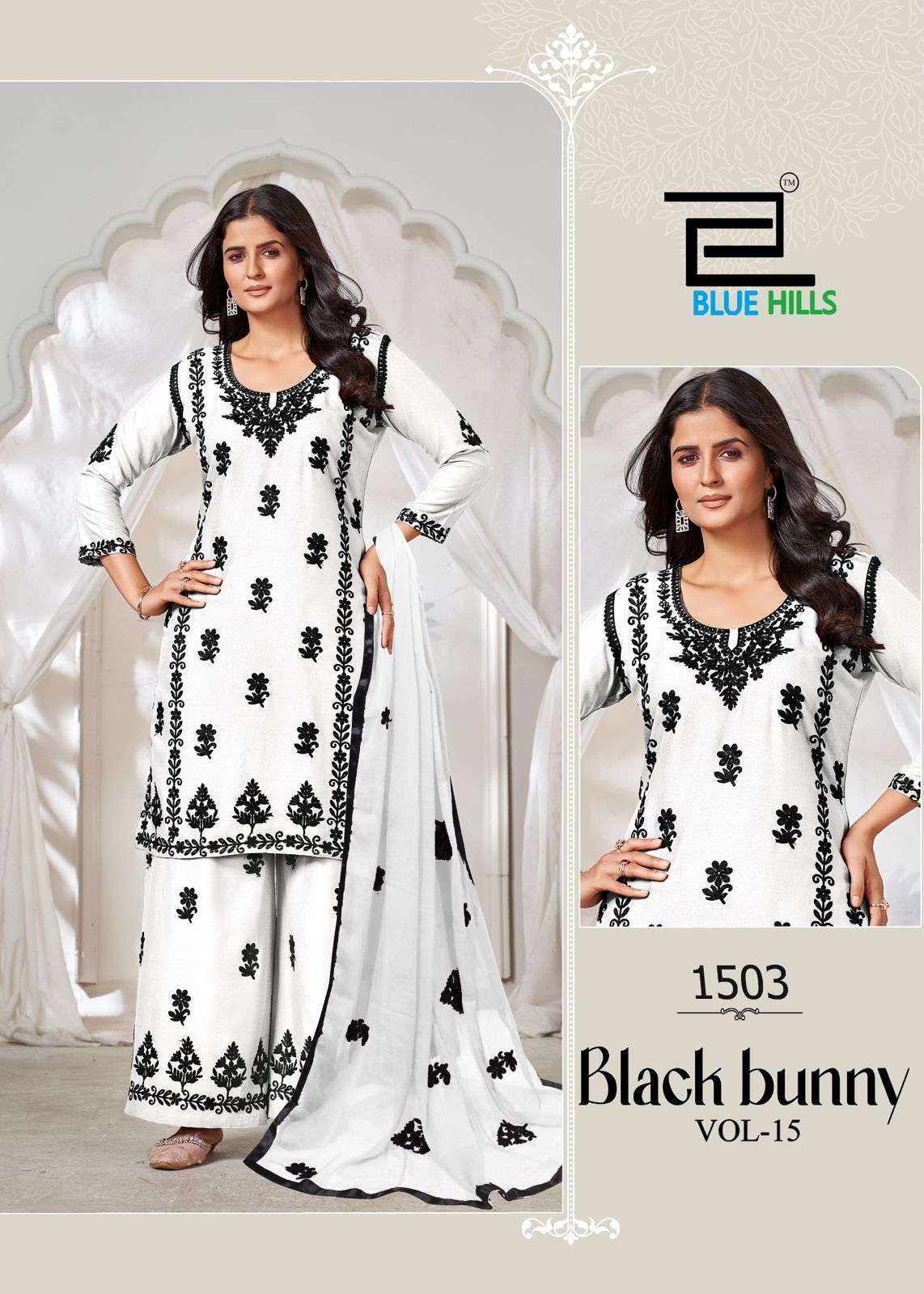 BLUE HILS BLACK BUNNY VOL 15 RAYON LUCKNOWI WORKS STYLE KURTI COMBO SET