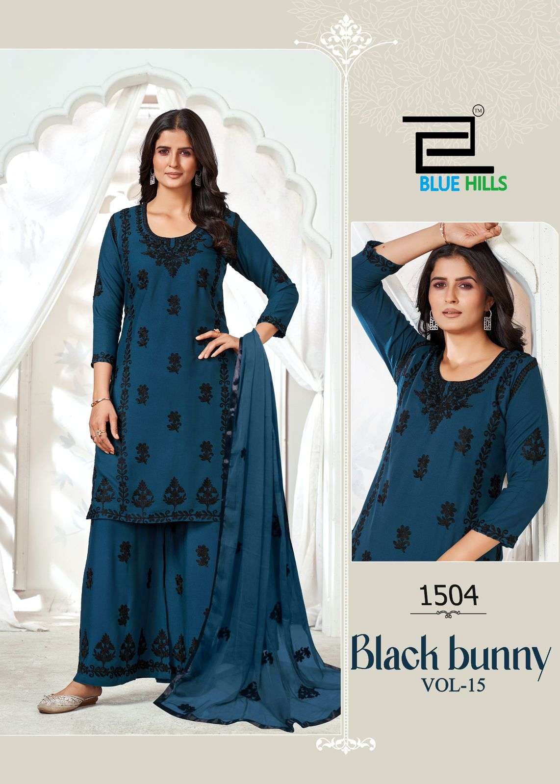 BLUE HILS BLACK BUNNY VOL 15 RAYON LUCKNOWI WORKS STYLE KURTI COMBO SET