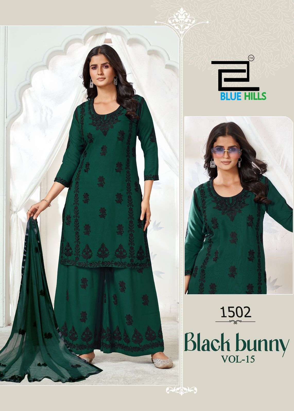 BLUE HILS BLACK BUNNY VOL 15 RAYON LUCKNOWI WORKS STYLE KURTI COMBO SET