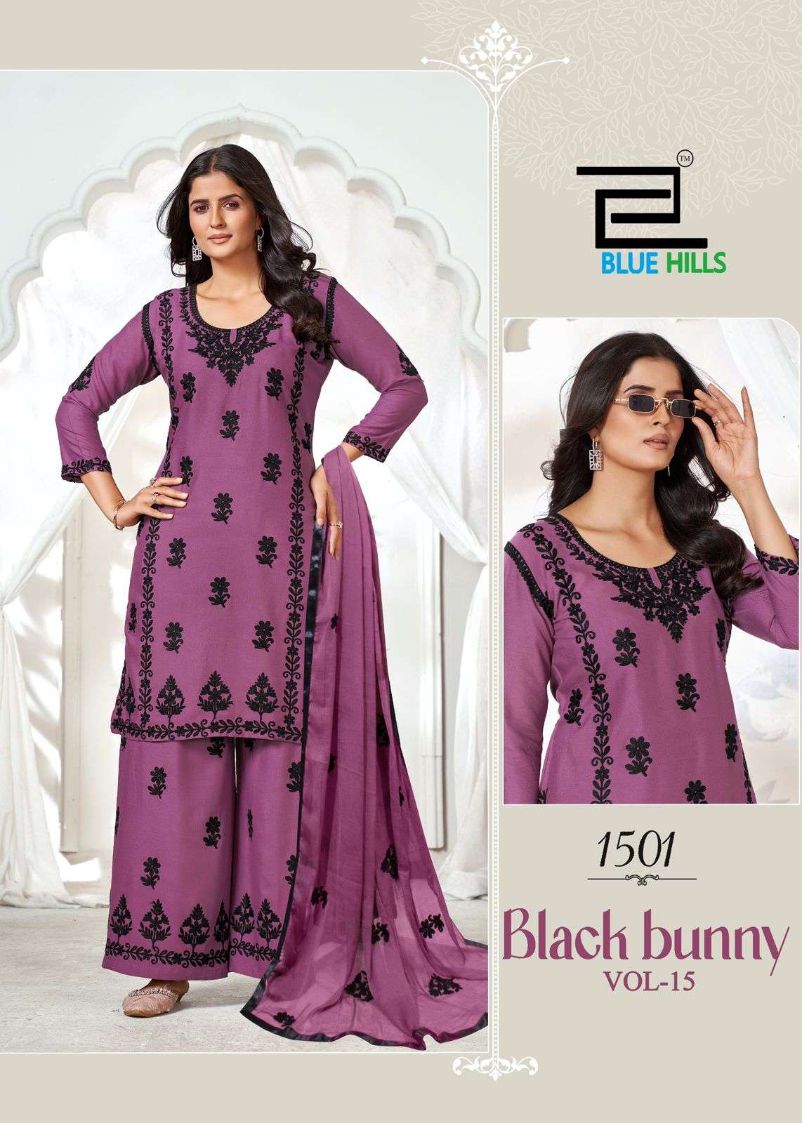 BLUE HILS BLACK BUNNY VOL 15 RAYON LUCKNOWI WORKS STYLE KURTI COMBO SET