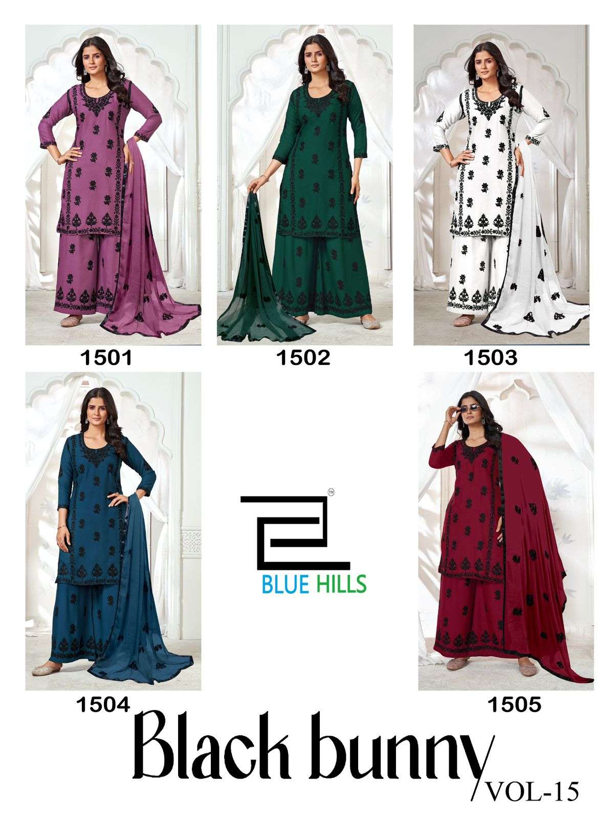 BLUE HILS BLACK BUNNY VOL 15 RAYON LUCKNOWI WORKS STYLE KURTI COMBO SET