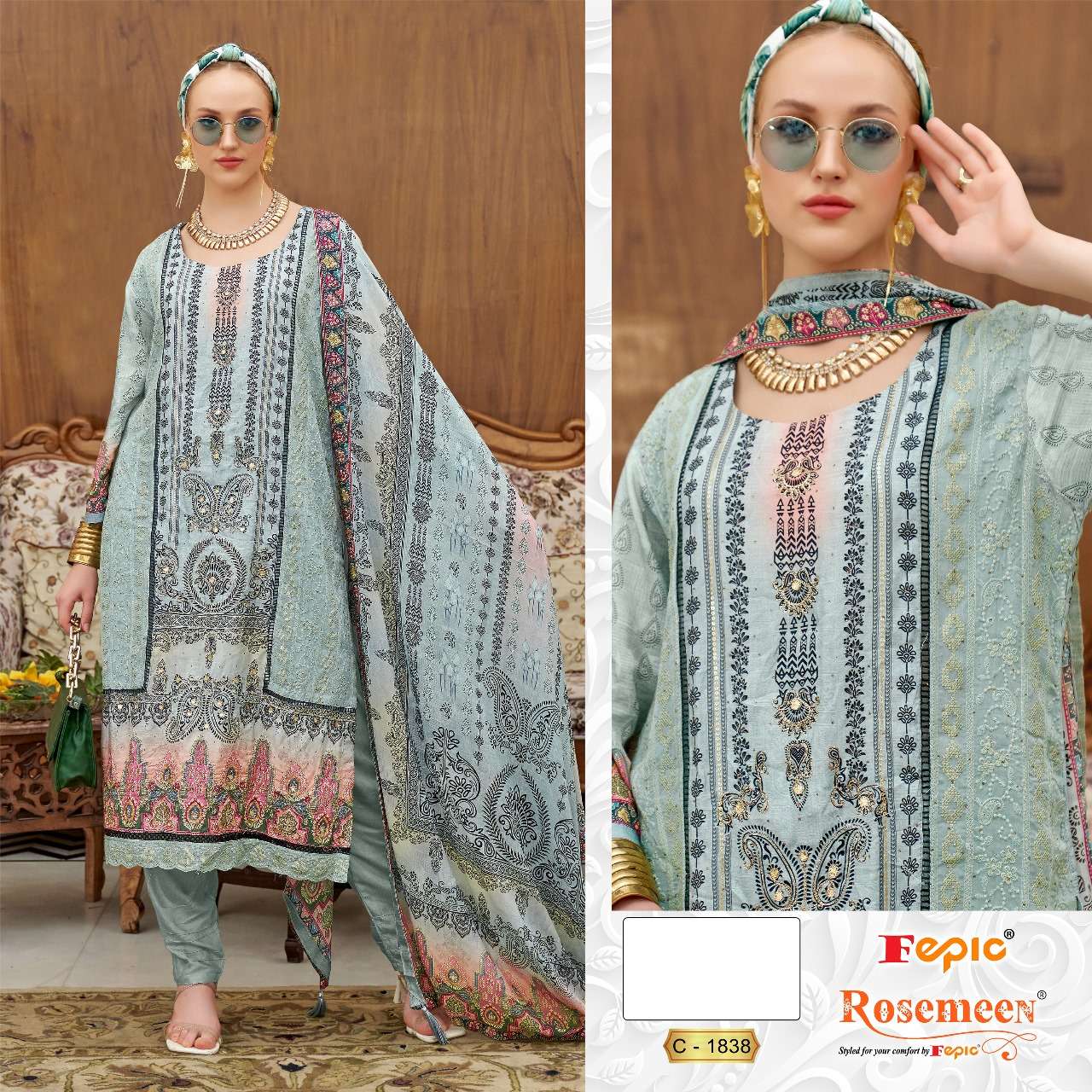 FEPIC ROSEMEEN C 1838 MUSLIN HEAVY EMBROIDERED DESIGNER WORK SUIT