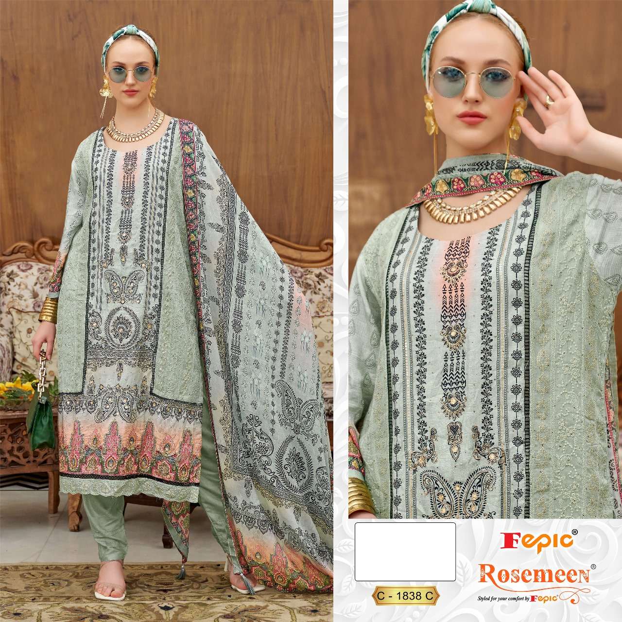 FEPIC ROSEMEEN C 1838 MUSLIN HEAVY EMBROIDERED DESIGNER WORK SUIT