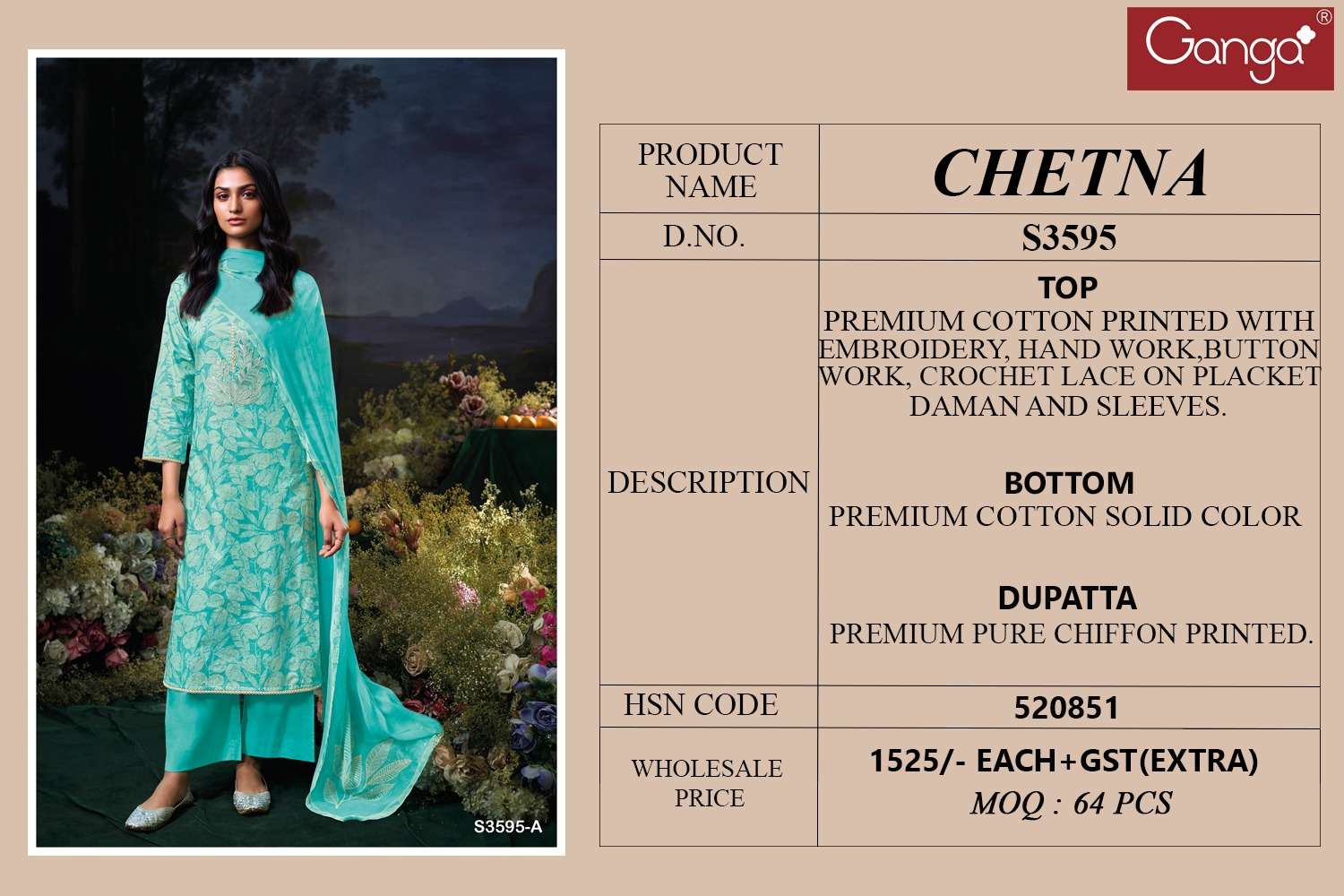 GANGA CHETNA 3595 COTTON PRINTED WITH EMBROIDERY WORKS SUIT