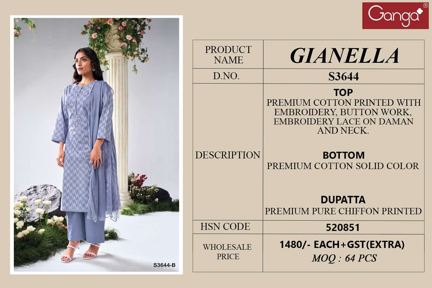 GANGA GIANELLA 3644  COTTON PRINTED WITH EMBROIDERY WORK LADIES SUIT 