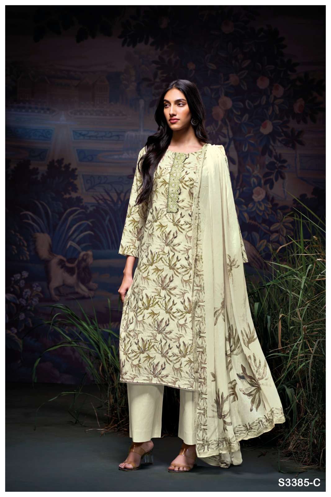 GANGA IRELAND 3385 LINEN COTTON PRINT WITH EMBROIDERY WORK SUIT