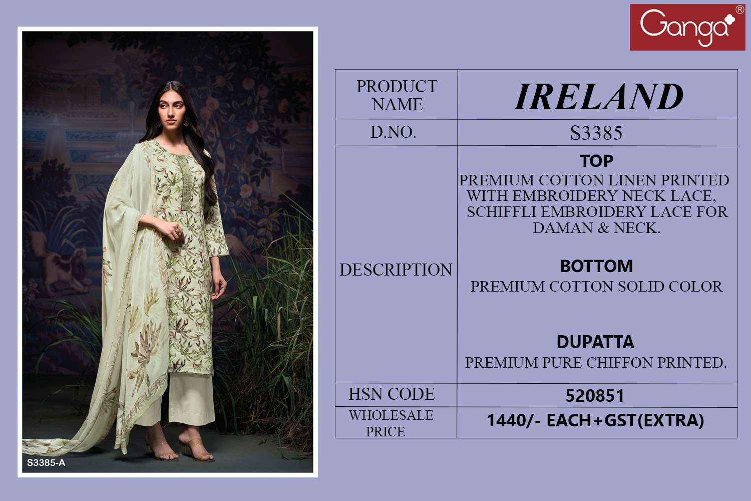 GANGA IRELAND 3385 LINEN COTTON PRINT WITH EMBROIDERY WORK SUIT