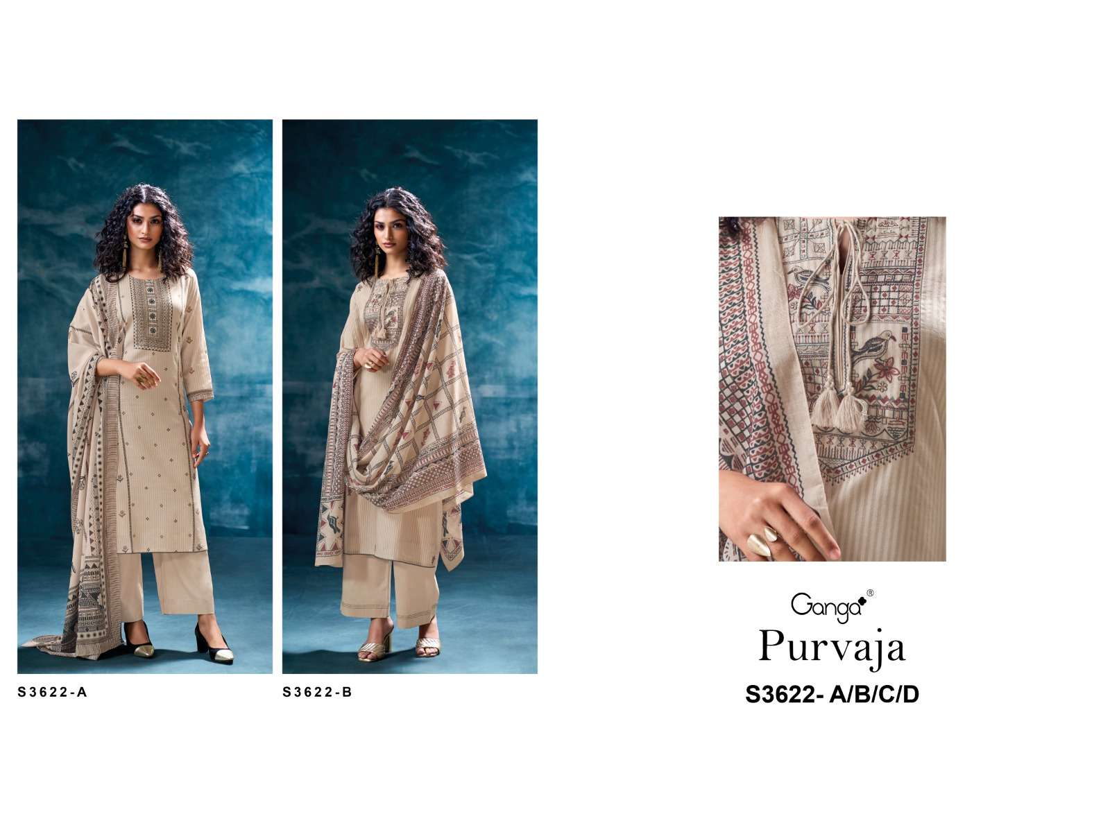 GANGA PURVAJA 3622  COTTON EMBROIDERED FANCY DESIGNER WORK SUIT