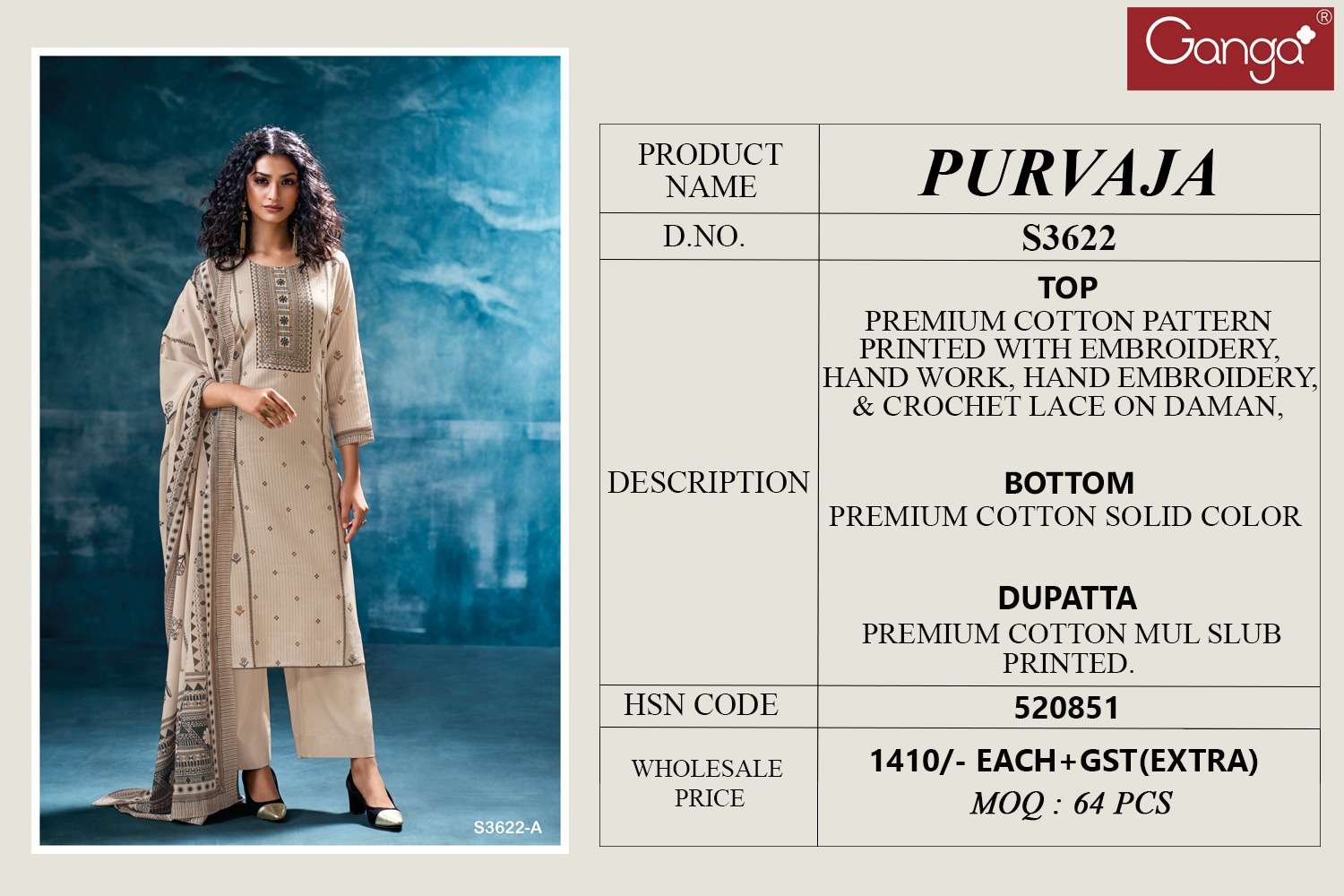 GANGA PURVAJA 3622  COTTON EMBROIDERED FANCY DESIGNER WORK SUIT