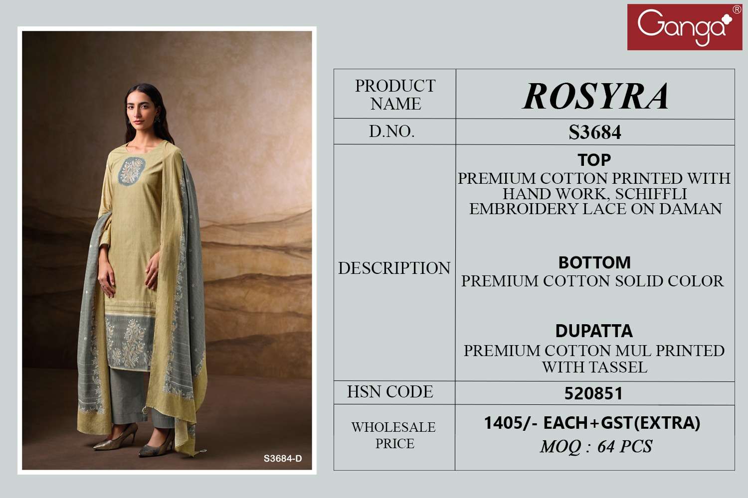 GANGA ROSYRA 3684 COTTON PRINTED WITH EMBROIDERY WORK SUIT
