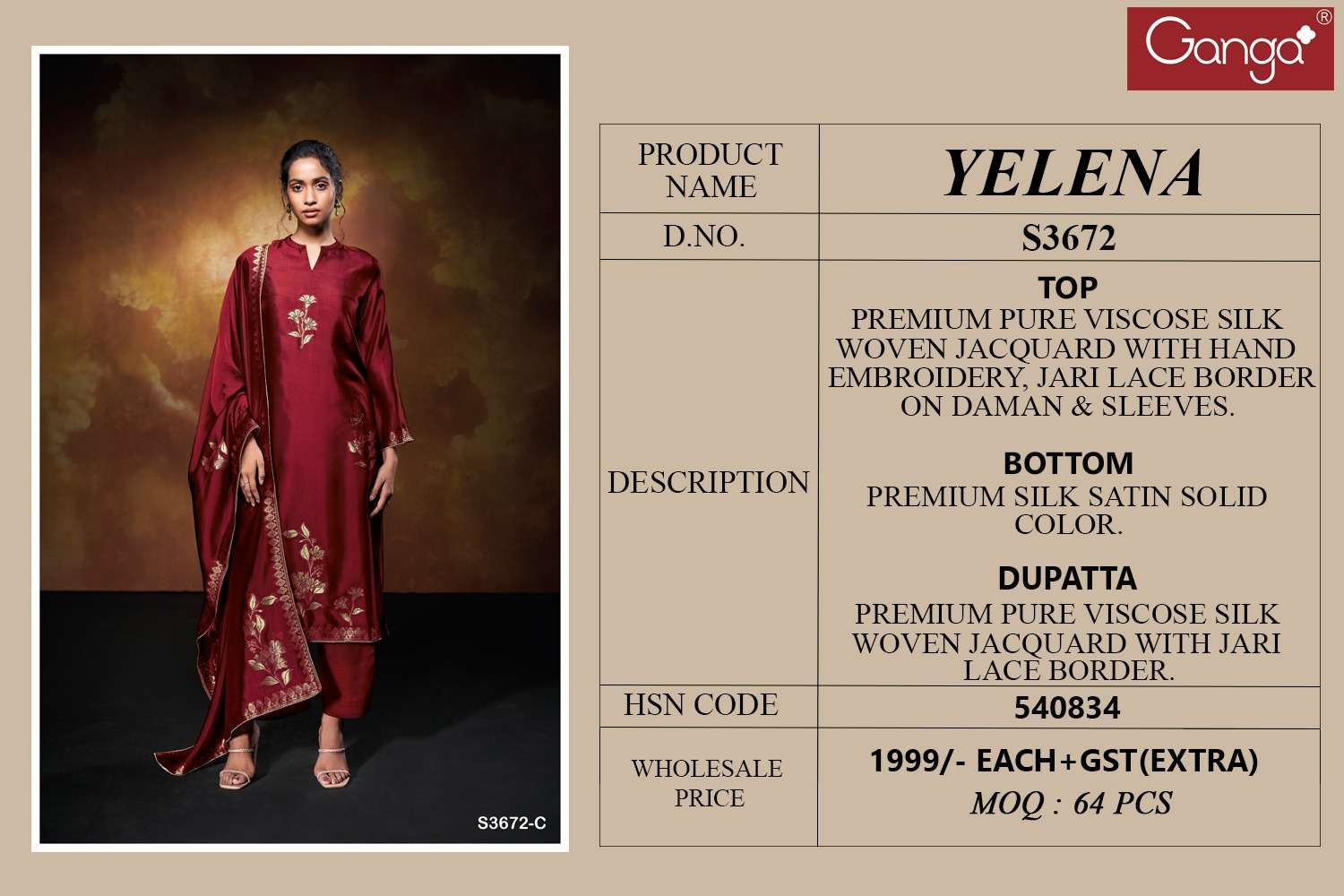GANGA YELENA 3672 VISCOSE SILK JACQUARD DESIGNER WORK LADIES SUIT