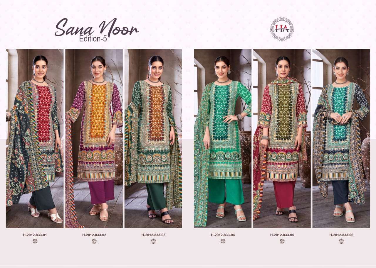 HARSHIT FASHION HUB SANA NOOR EDITION 5 RAYON PRINT WITH HAND WORK SUIT