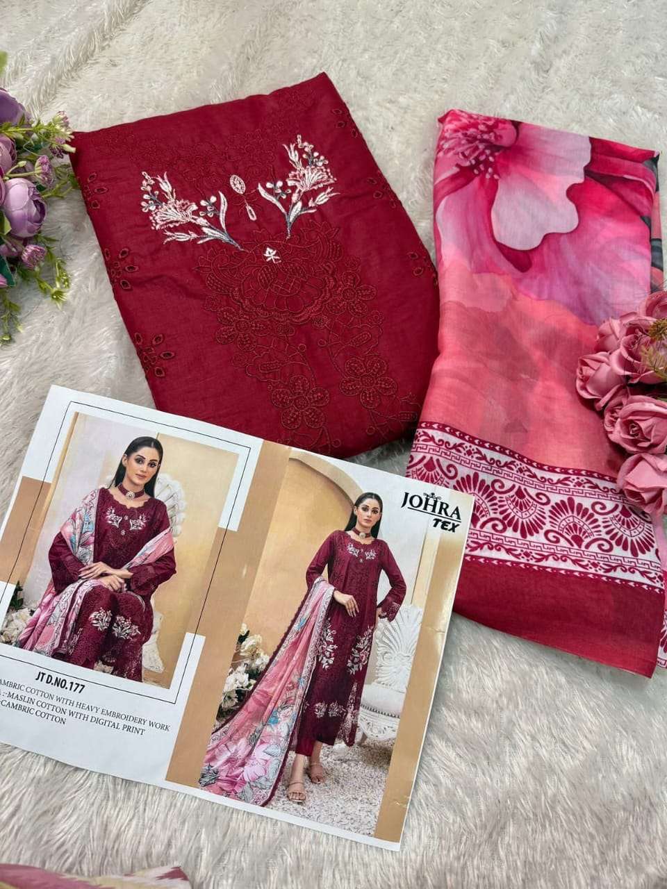 JOHRA TEX DESIGN NO - JT - 177 CAMBRIC COTTON HEAVY EMBROIDERED WORK PAKISTANI SALWAR SUIT 