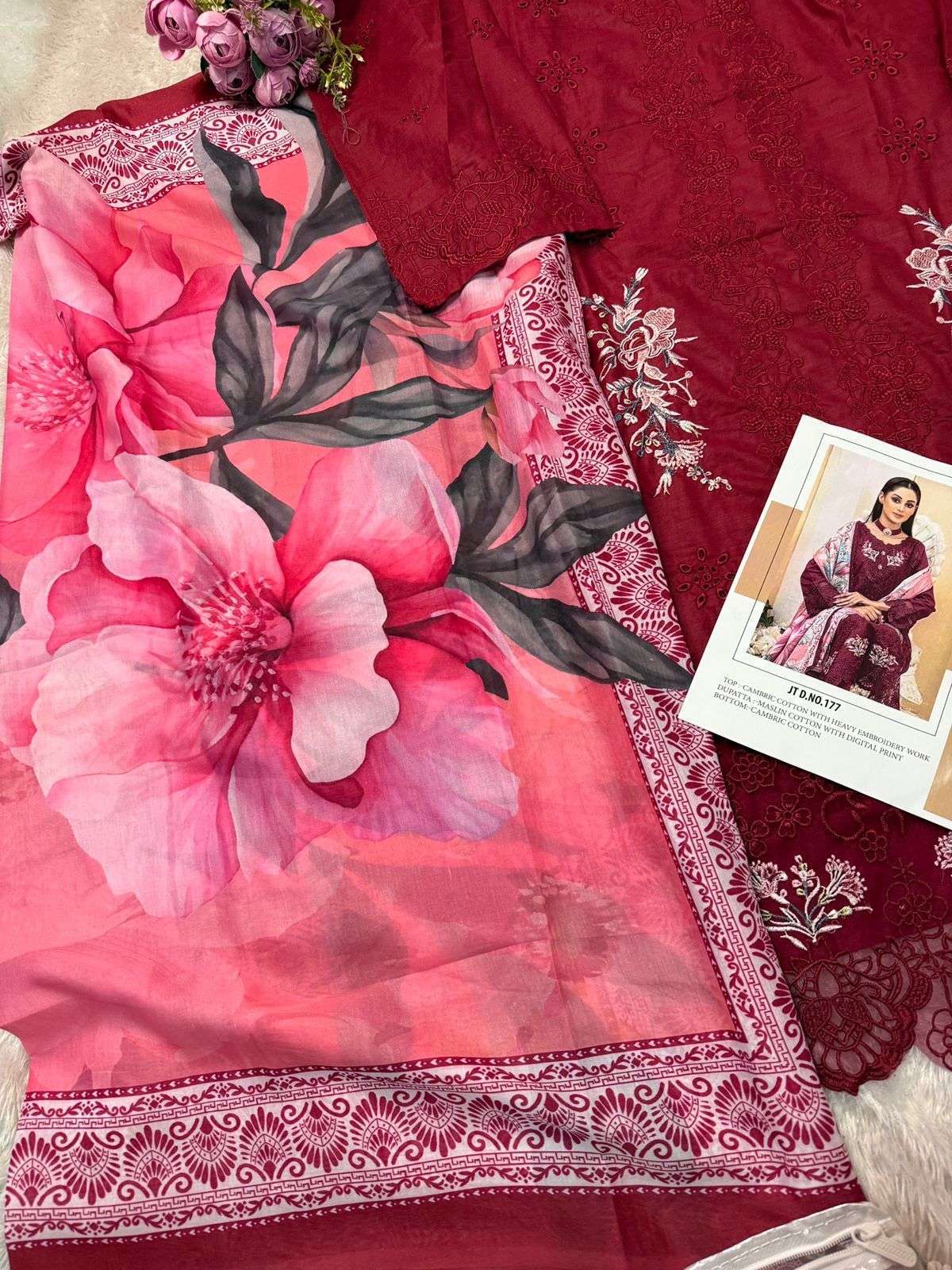 JOHRA TEX DESIGN NO - JT - 177 CAMBRIC COTTON HEAVY EMBROIDERED WORK PAKISTANI SALWAR SUIT 