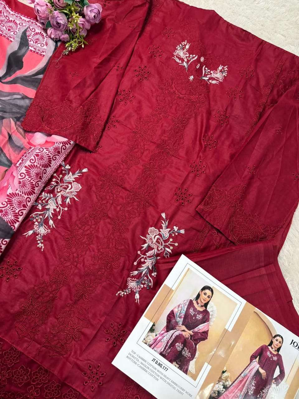 JOHRA TEX DESIGN NO - JT - 177 CAMBRIC COTTON HEAVY EMBROIDERED WORK PAKISTANI SALWAR SUIT 
