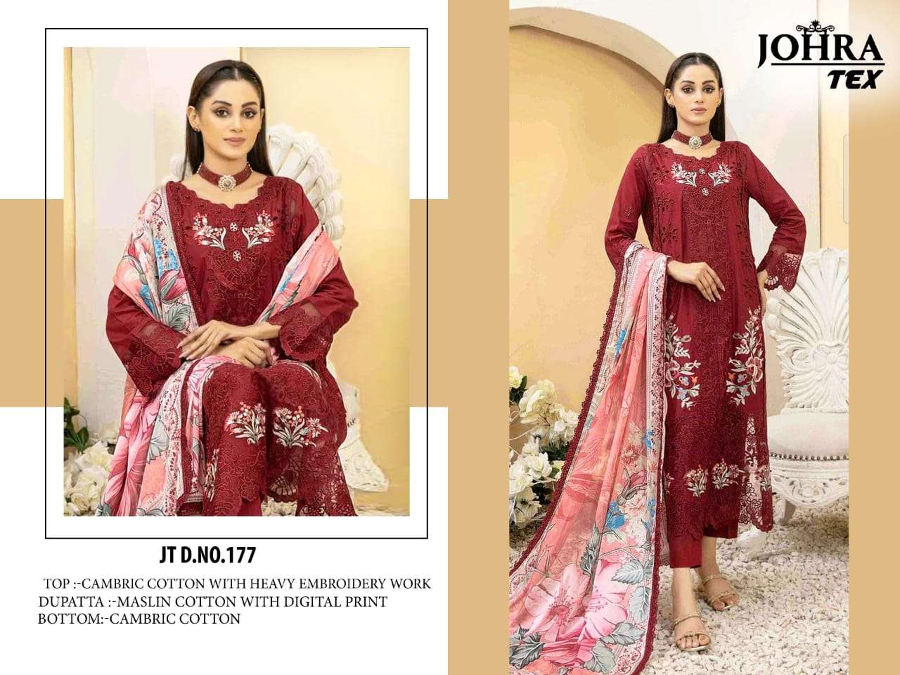 JOHRA TEX DESIGN NO - JT - 177 CAMBRIC COTTON HEAVY EMBROIDERED WORK PAKISTANI SALWAR SUIT 