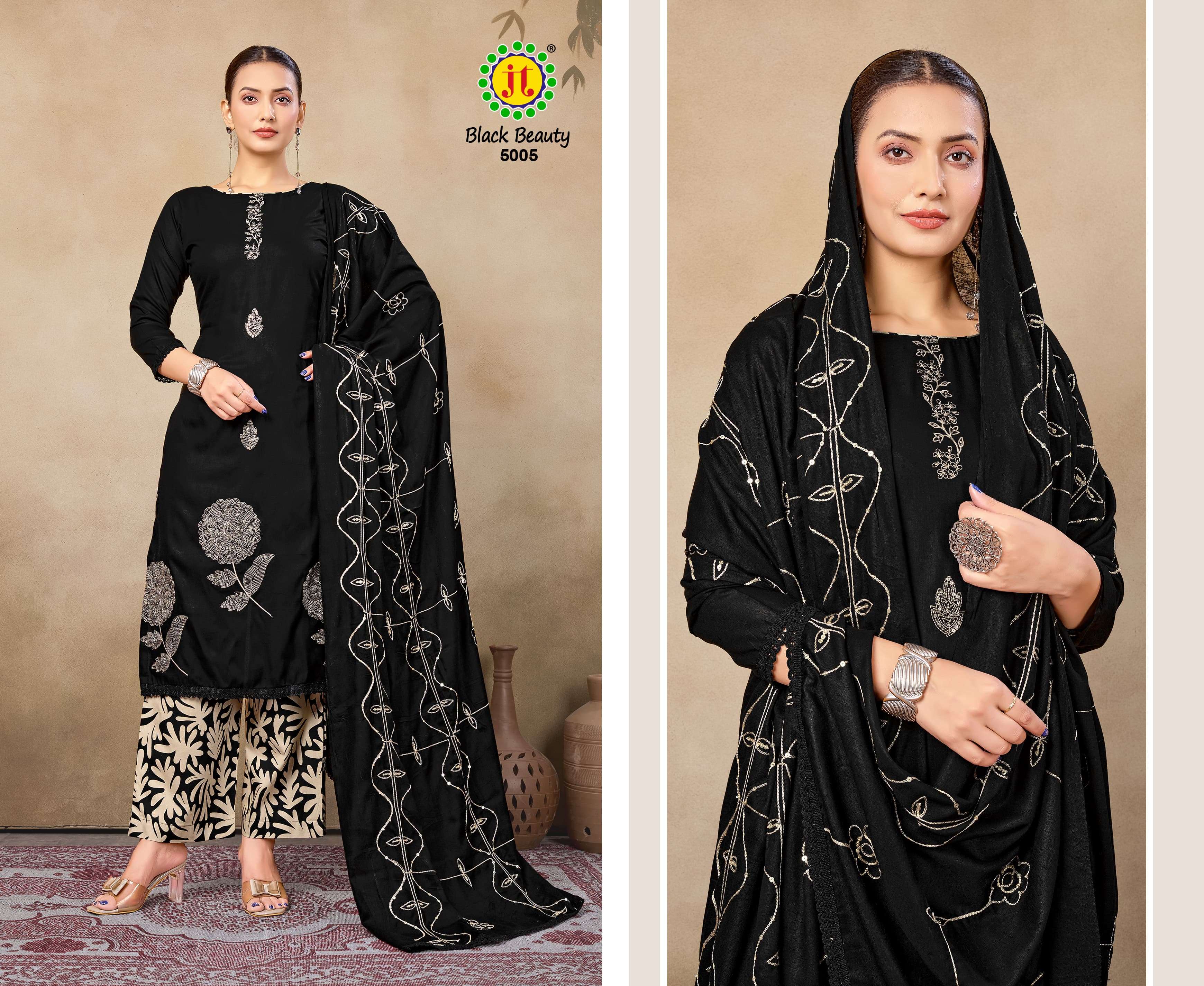 JT BLACK BEAUTY VOL 5 RAYON FANCY EMBROIDERY WORK SUIT