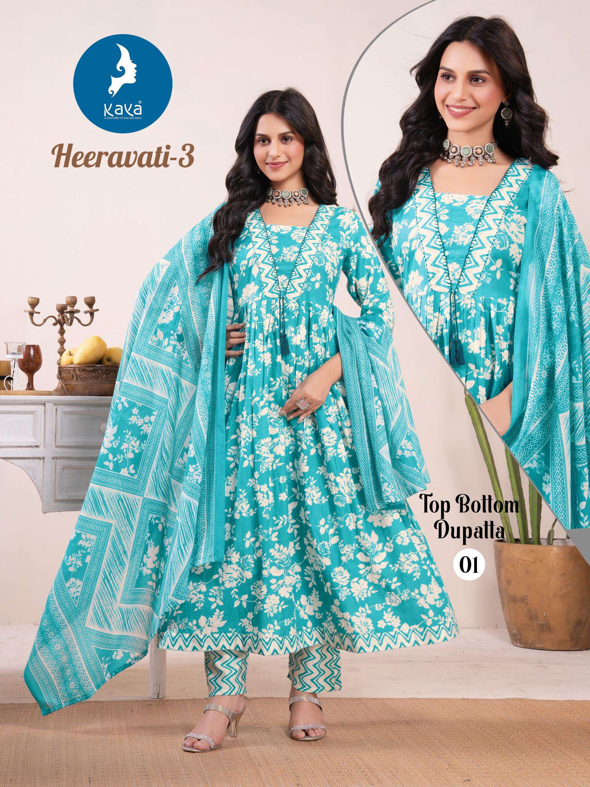 KAYA HEERAVATI VOL 3 COTTON PRINT ANARKALI STYLE KURTI BOTTOM AND DUPATTA SET 