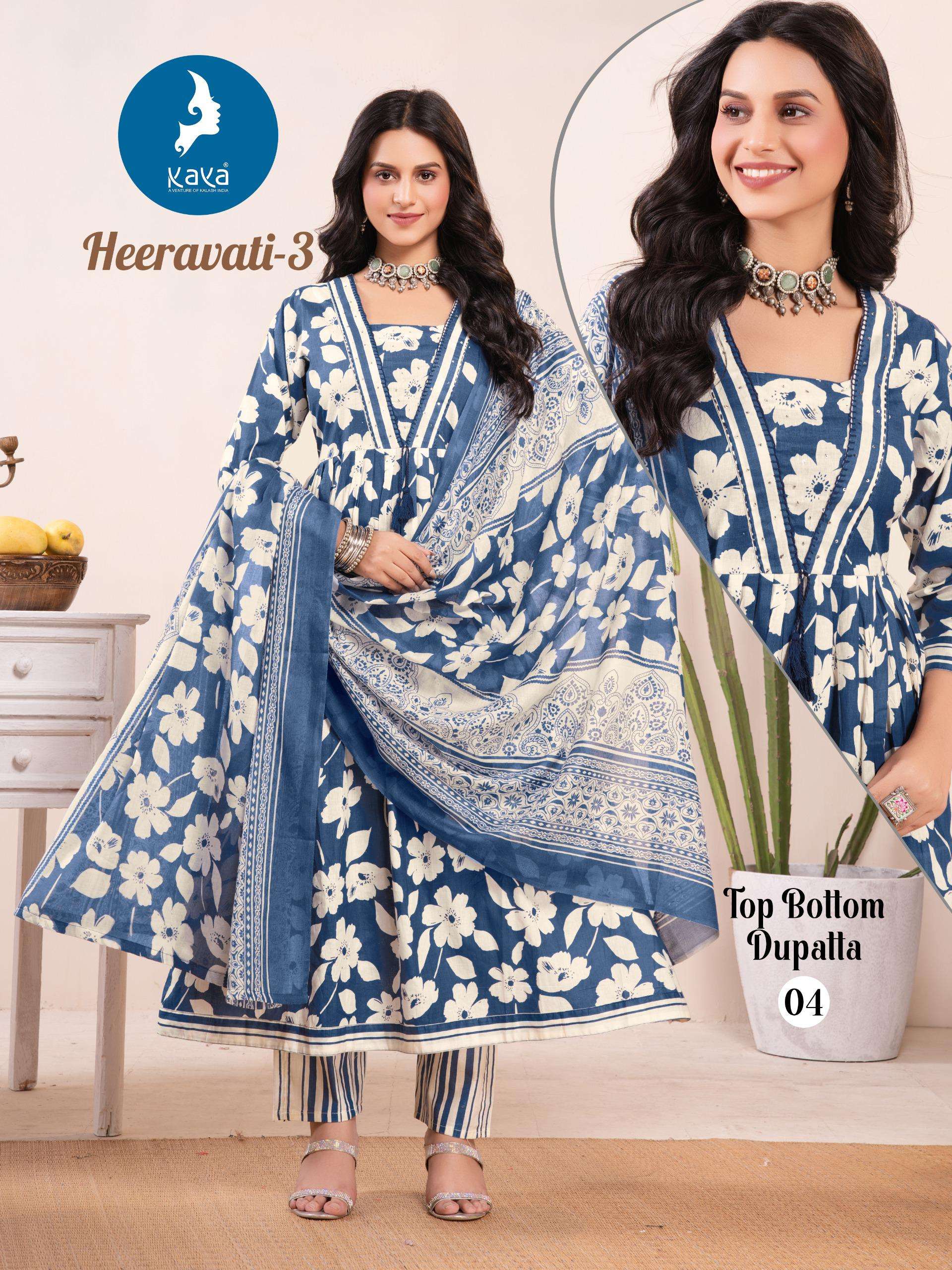 KAYA HEERAVATI VOL 3 COTTON PRINT ANARKALI STYLE KURTI BOTTOM AND DUPATTA SET 