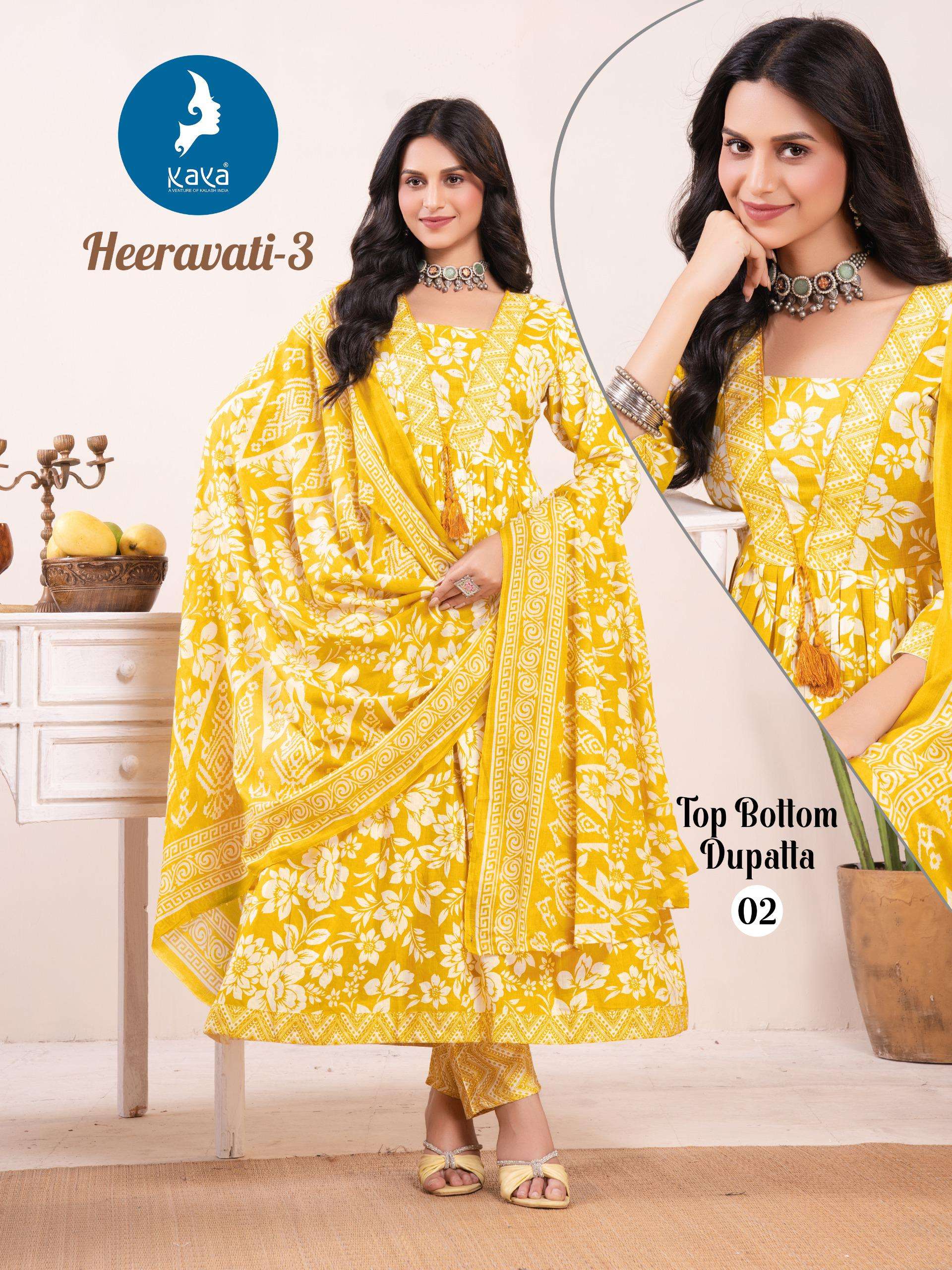 KAYA HEERAVATI VOL 3 COTTON PRINT ANARKALI STYLE KURTI BOTTOM AND DUPATTA SET 