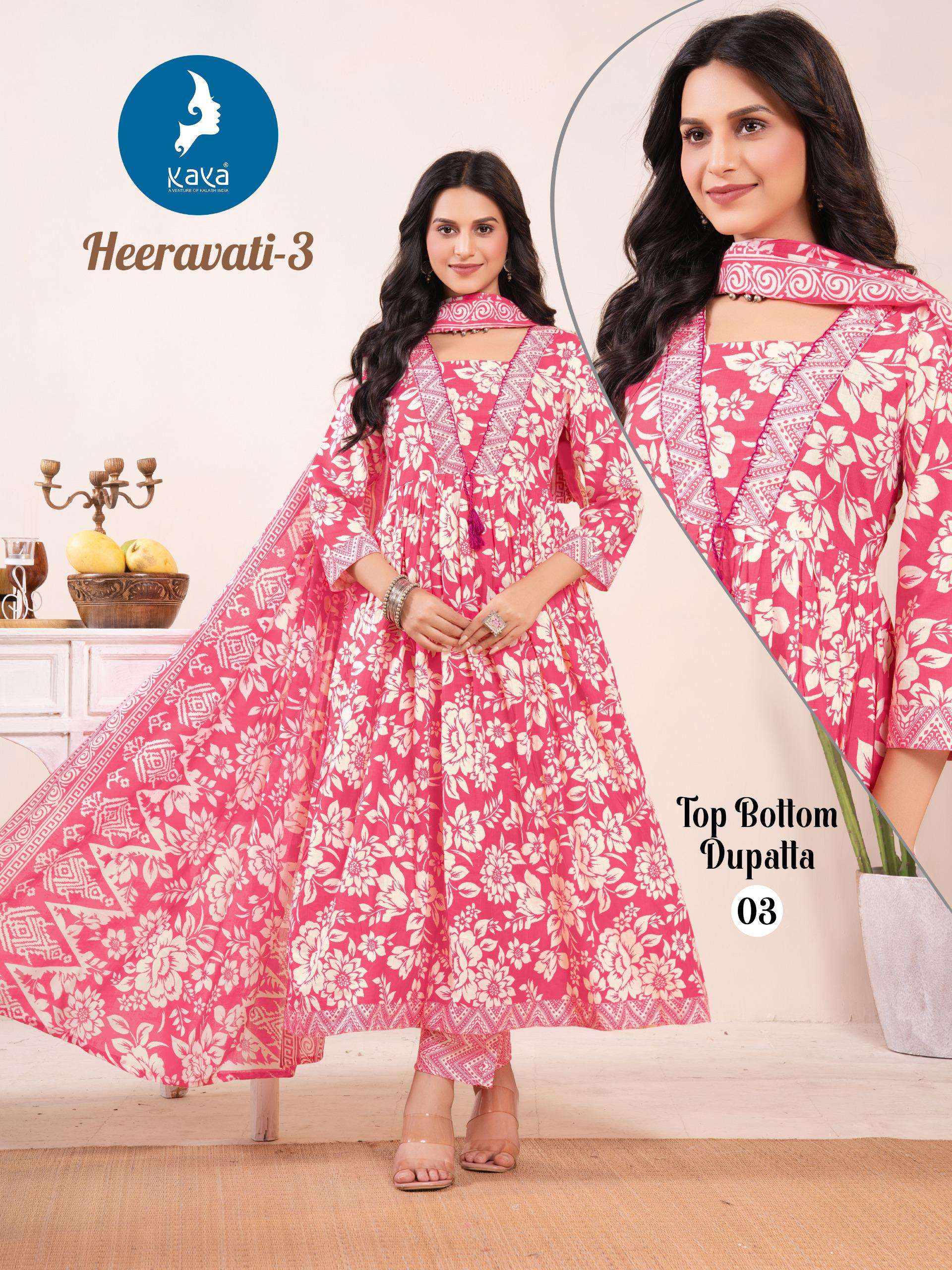 KAYA HEERAVATI VOL 3 COTTON PRINT ANARKALI STYLE KURTI BOTTOM AND DUPATTA SET 