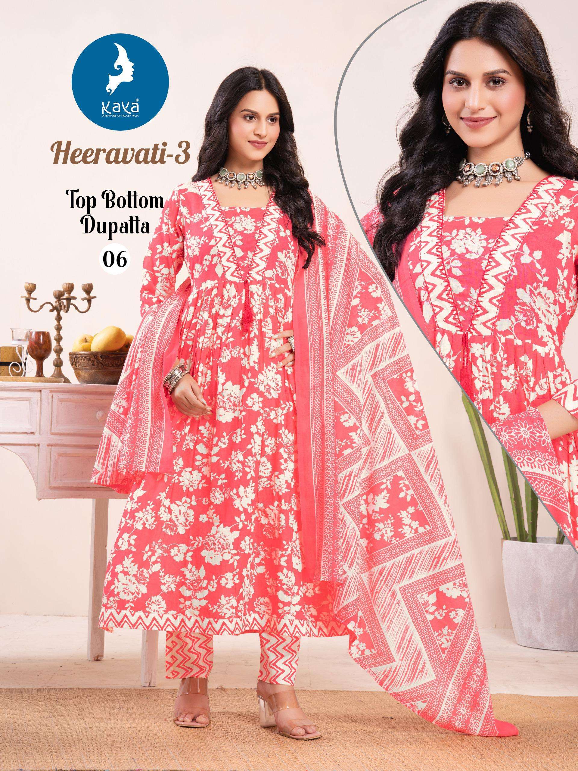 KAYA HEERAVATI VOL 3 COTTON PRINT ANARKALI STYLE KURTI BOTTOM AND DUPATTA SET 