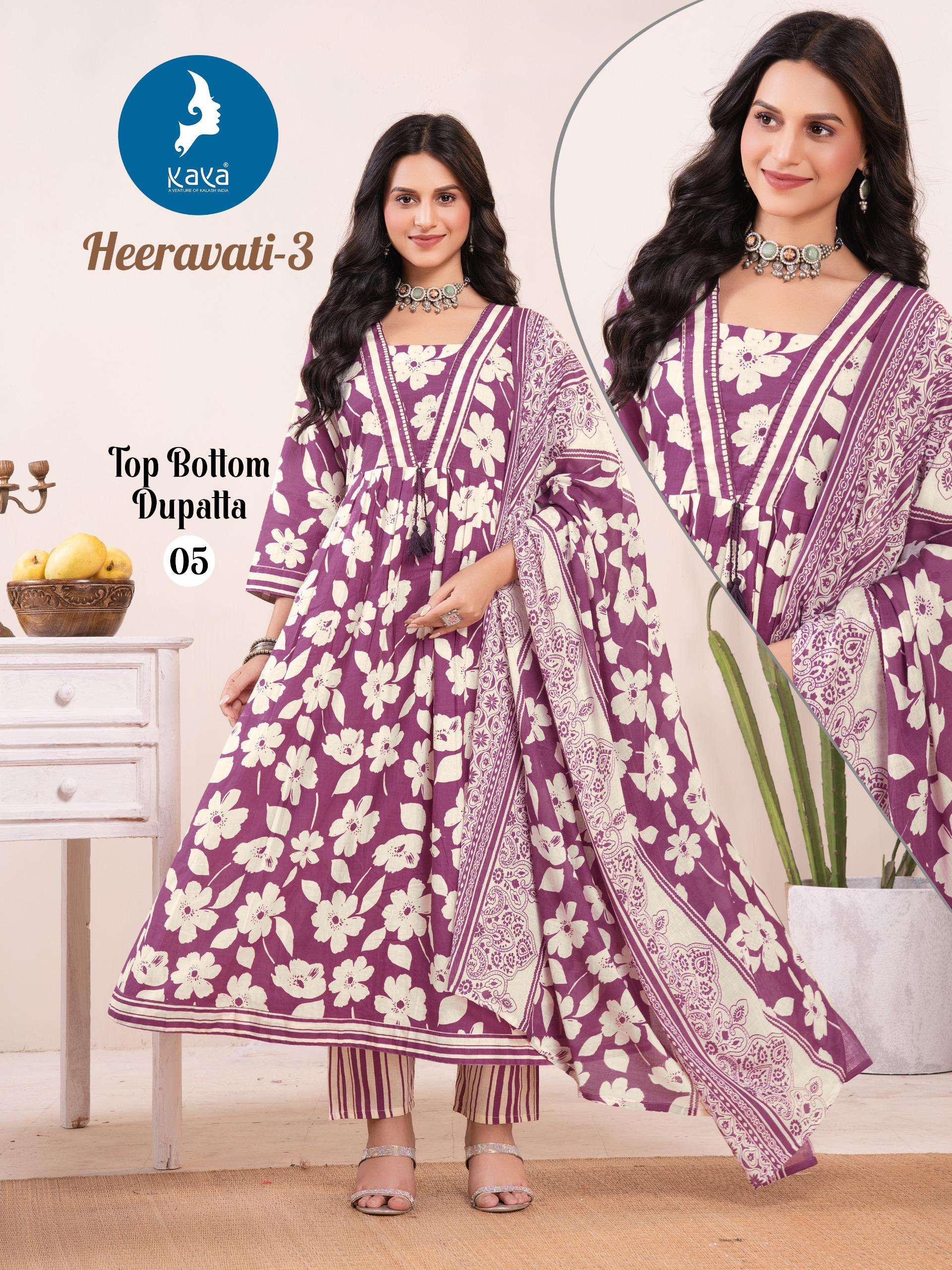 KAYA HEERAVATI VOL 3 COTTON PRINT ANARKALI STYLE KURTI BOTTOM AND DUPATTA SET 
