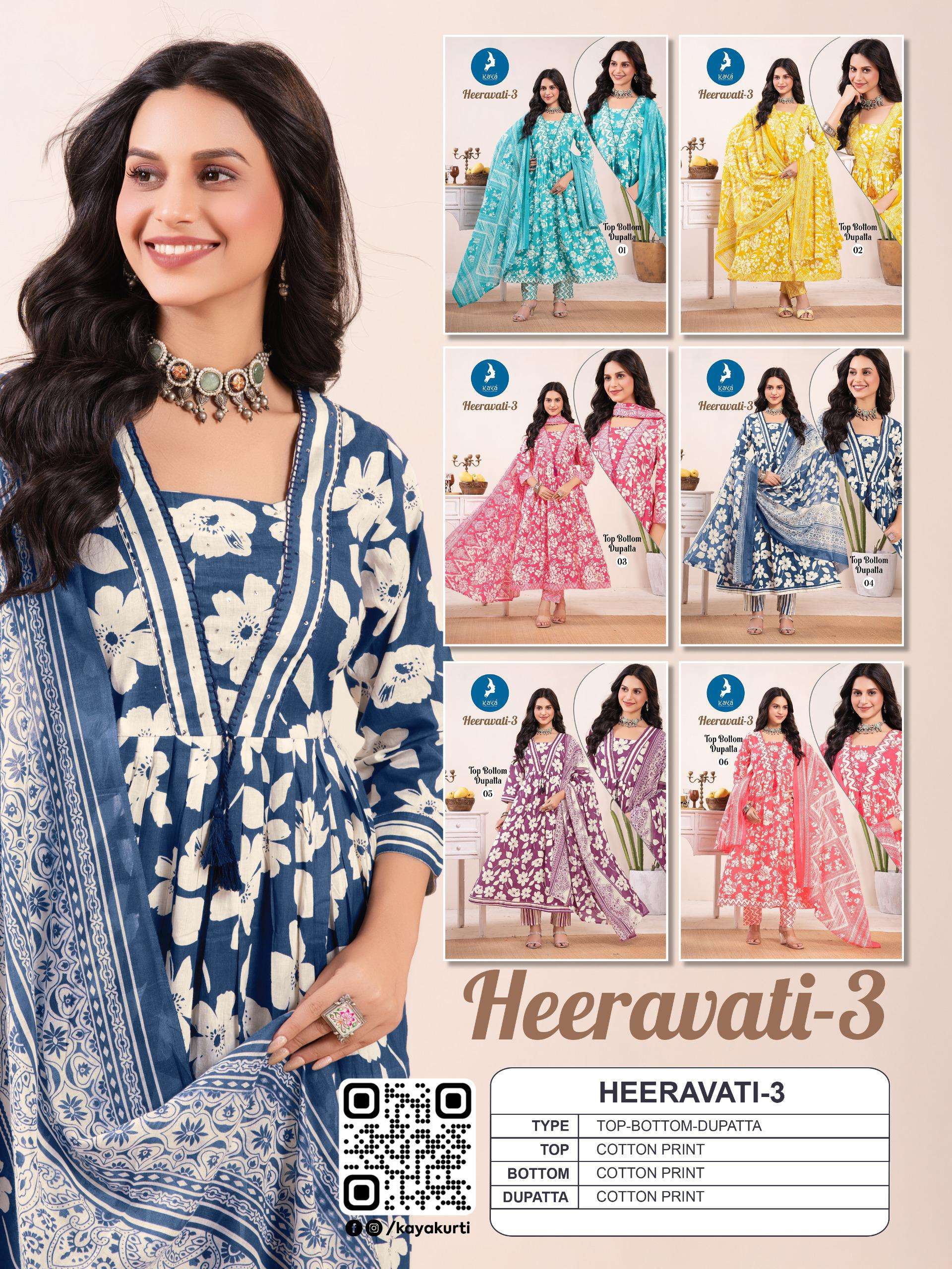 KAYA HEERAVATI VOL 3 COTTON PRINT ANARKALI STYLE KURTI BOTTOM AND DUPATTA SET 
