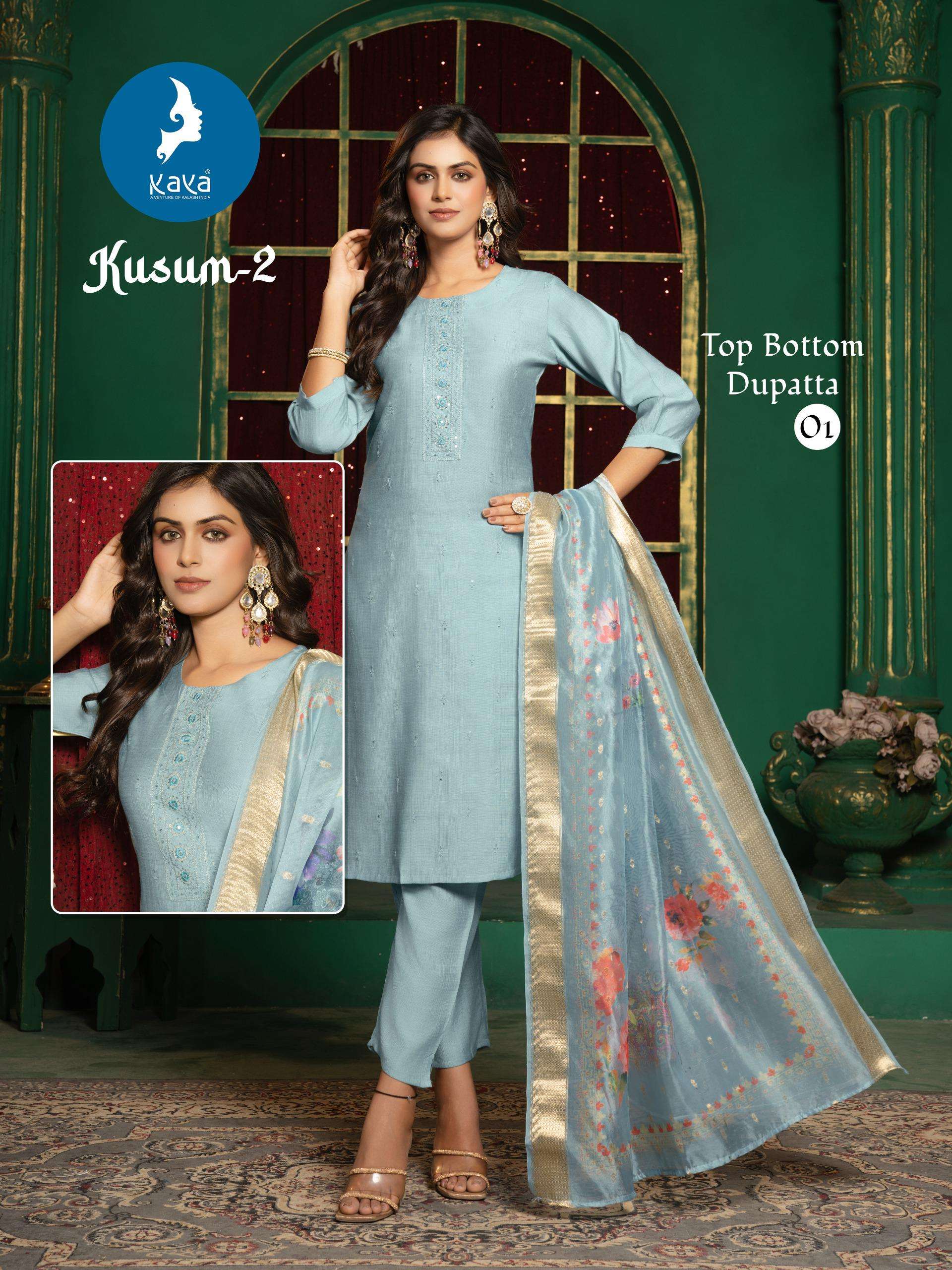 KAYA KUSUM VOL 2 SILK FANCY WORKS LADIES KURTI BOTTOM AND DUPATTA SET 