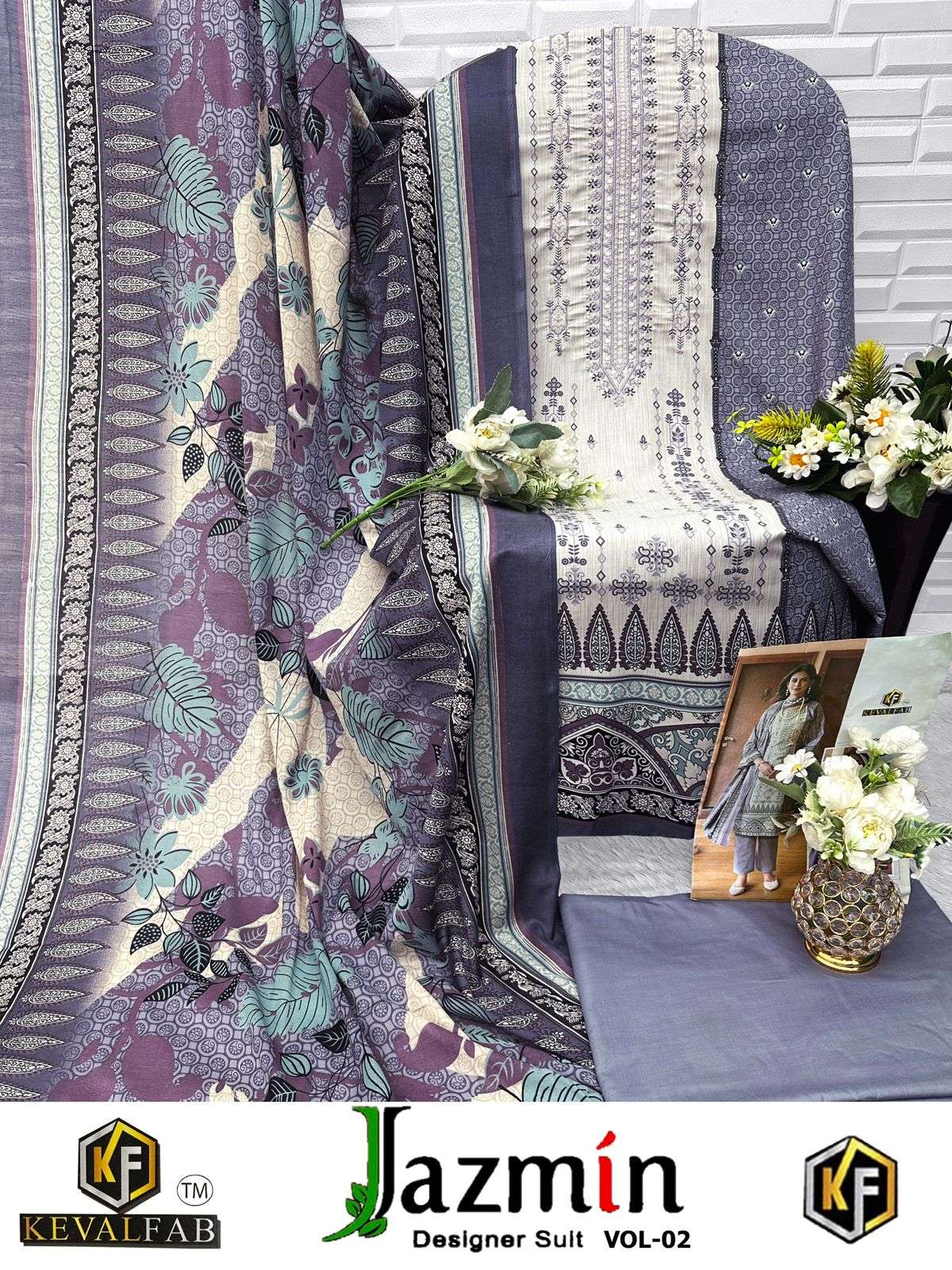 KEVAL FAB JAZMIN VOL 2 COTTON DIGITAL PRINTS WITH FANCY WORK SUIT